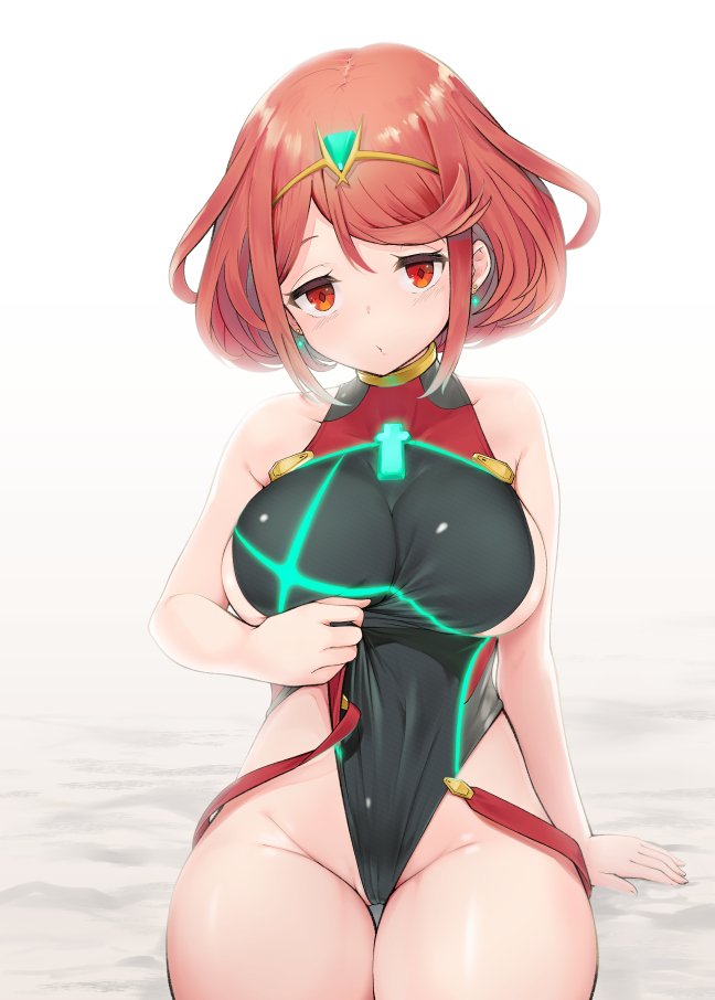 1girls amekosame bangs breasts cameltoe comiket_96 competition_swimsuit female female_only gem glowing hair_ornament headpiece jewelry large_breasts looking_at_viewer nintendo one-piece_swimsuit partially_visible_vulva pussy pyra red_eyes red_hair short_hair sideboob sitting solo swept_bangs swimsuit thighs xenoblade_(series) xenoblade_chronicles_2