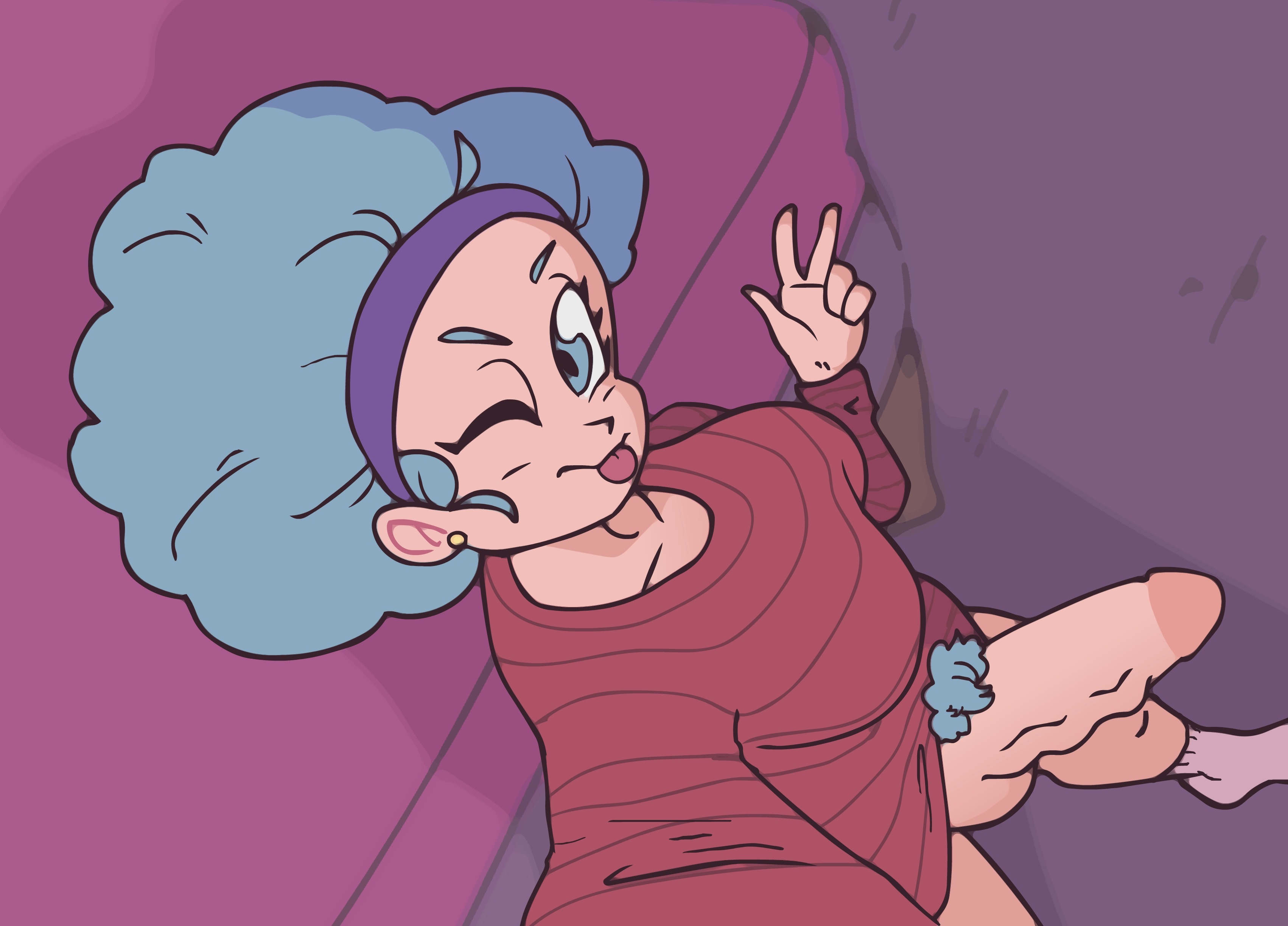 1futa, afro, big breasts, blue eyes, blue hair, breasts, bulma (afro), bulma briefs, dickgirl, dragon ball, dragon ball z, futa only, futanari, intersex, no pants, penis, pubic hair, selfie, solo, tongue, tongue out, veiny penis, wink, winking, winking at viewer