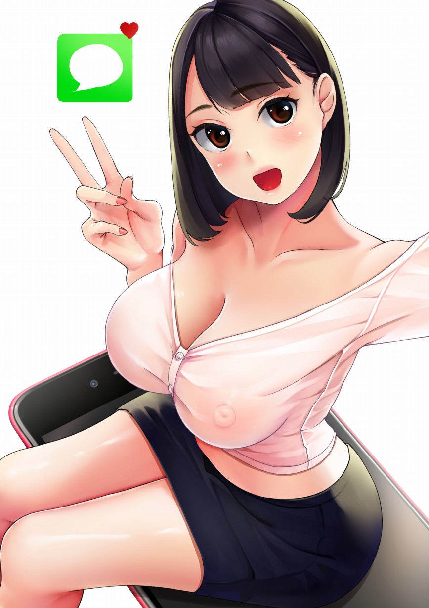 1girls, areolae, ass, big breasts, breasts, cleavage, clothed, female, female only, large breasts, looking at viewer, neko neko koneko, nipples, open mouth, selfie, sitting, solo, v