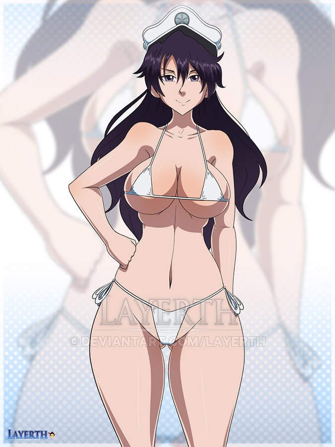 1girls, bambietta basterbine, bikini, bleach, bleach: the thousand-year blood war, breasts, female, female only, grey eyes, large breasts, layerth, long hair, looking at viewer, purple hair, solo