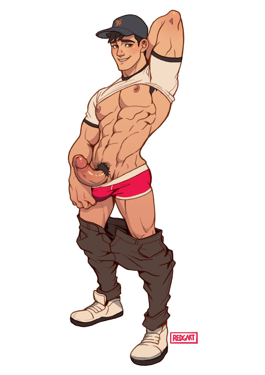 1boy, abs, armpits, bara, big hero 6, bulge, disney, erection, looking at viewer, male, male focus, male only, marvel, marvel comics, muscles, nipples, pants down, pecs, penis, pubic hair, red underwear, redgart, shirt lift, simple background, solo, tadashi hamada, underwear, yaoi