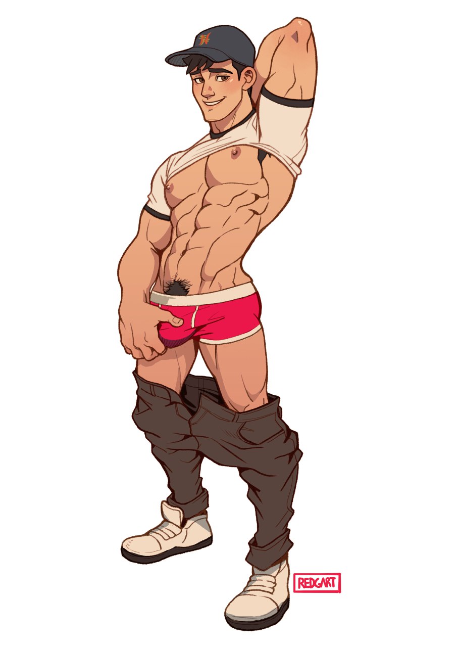 1boy, abs, armpits, bara, big hero 6, bulge, disney, looking at viewer, male, male focus, male only, marvel, marvel comics, muscles, nipples, pants down, pecs, pubic hair, red underwear, redgart, shirt lift, simple background, solo, tadashi hamada, underwear, yaoi
