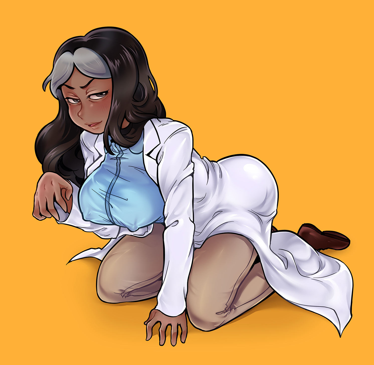 1girls, ass, bedroom eyes, black hair, breasts, brown eyes, cartoon network, clothed, coat, collared shirt, dark skin, dark-skinned female, female, female only, footwear, grey hair, half-closed eyes, highres, huge ass, human, kneeling, kutarmm, labcoat, large breasts, long hair, looking at viewer, milf, nipple bulge, pants, parted lips, priyanka maheswaran, shoes, simple background, smile, solo, solo female, steven universe, straight hair, thick thighs, two-tone hair, very long hair, voluptuous, yellow background