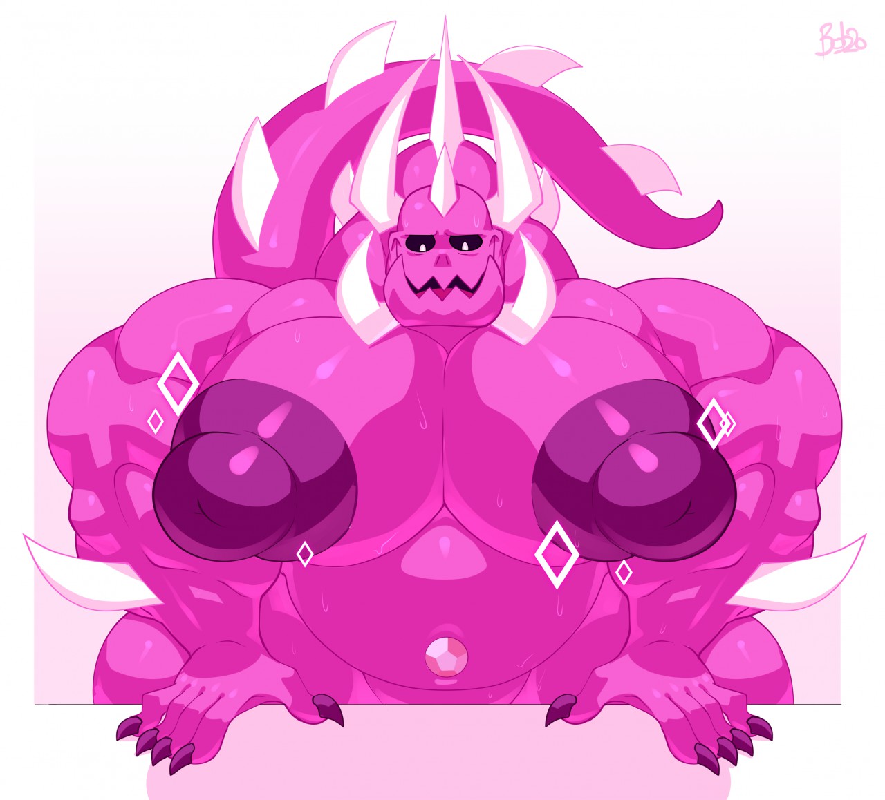 1boy, belly, bfad, biceps, big nipples, big pecs, black sclera, bobthetanuki, bright pupils, cartoon network, claws, corrupted gem, extrasizedbob, gay, gem (species), grin, grinning, horns, huge nipples, hyper, hyper nipples, hyper pecs, kaiju, looking down, male, male only, monster, monster steven, muscles, muscular, muscular arms, muscular male, nails, pink skin, pink tongue, puffy nipples, purple claws, purple nails, purple nipples, solo, solo male, spiked tail, spikes, steven quartz universe, steven universe, steven universe future, sweat, sweatdrop, sweaty, sweaty chest, thick, thick thighs