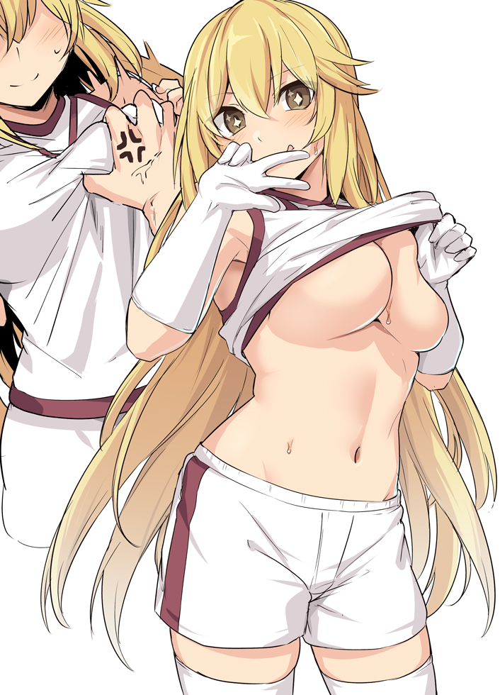 +_+ absolute_territory anger_vein bangs bare_shoulders blonde_hair blush breast_grab breasts brown_eyes closed_mouth elbow_gloves female gloves grabbing groping gym_uniform hair_between_eyes large_breasts licking_lips long_hair looking_at_viewer multiple_views navel shirt shirt_lift shiseki_hirame shokuhou_misaki shorts simple_background smile tank_top thighhighs thighs to_aru_kagaku_no_railgun to_aru_majutsu_no_index tongue tongue_out underboob w white_background white_gloves white_legwear white_shirt white_shorts white_tank_top