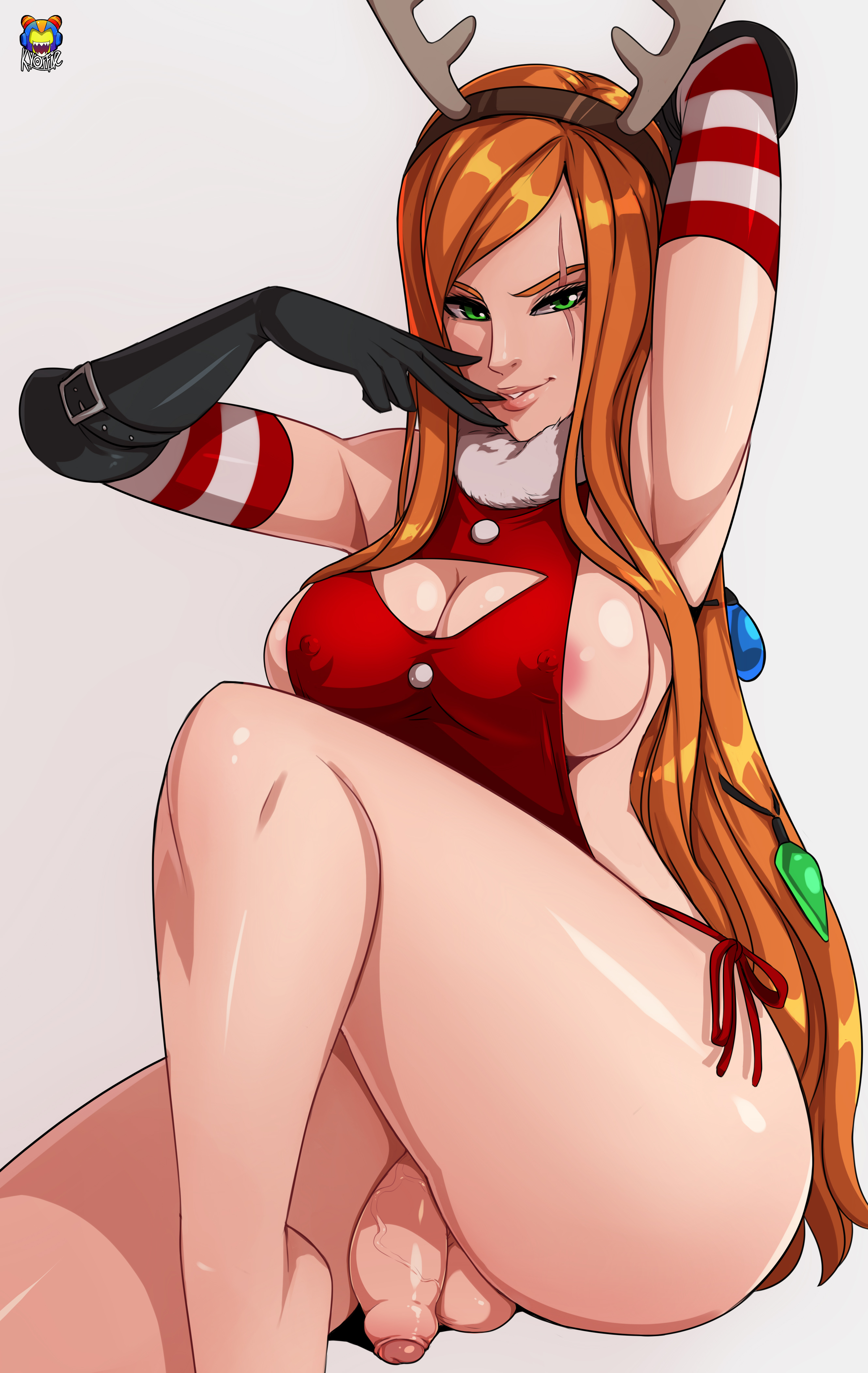 1futa, 2017, breasts, futa only, futanari, gloves, green eyes, intersex, katarina du couteau, kyoffie, large breasts, large penis, league of legends, looking at viewer, orange hair, penis, reindeer costume, seductive, seductive smile, slay belle katarina, smile, snowdown series, snowdown showdown series, thick penis, thick thighs