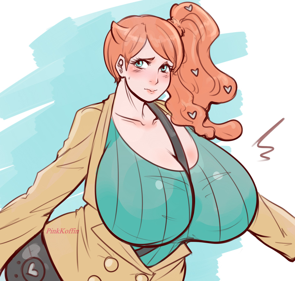 1girls, alternate breast size, bag, between breasts, big breasts, blue background, blue eyes, blush, breasts, cleavage, coat, eye contact, eyelashes, female, female only, hair ornament, half-closed eyes, heart, huge breasts, human, large breasts, long hair, looking at viewer, motion lines, nintendo, orange hair, pinkkoffin, pokemon, pokemon ss, pokemon trainer, ponytail, pose, shirt, sonia (pokemon), sweat, text, watermark, white border, wide hips