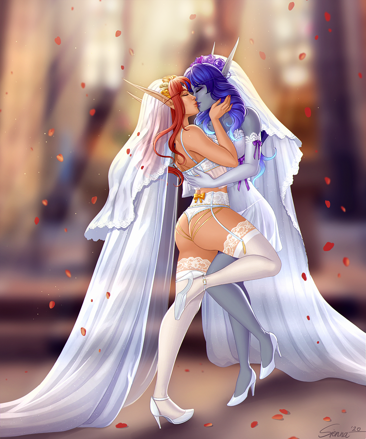 2020 2girls artist_signature ass blood_elf blue_hair female female_only garter_belt high_heels kissing lingeriw long_hair panties pointy_ears sienna standing thighhighs void_elf wedding wedding_dress wife_and_wife world_of_warcraft yuri