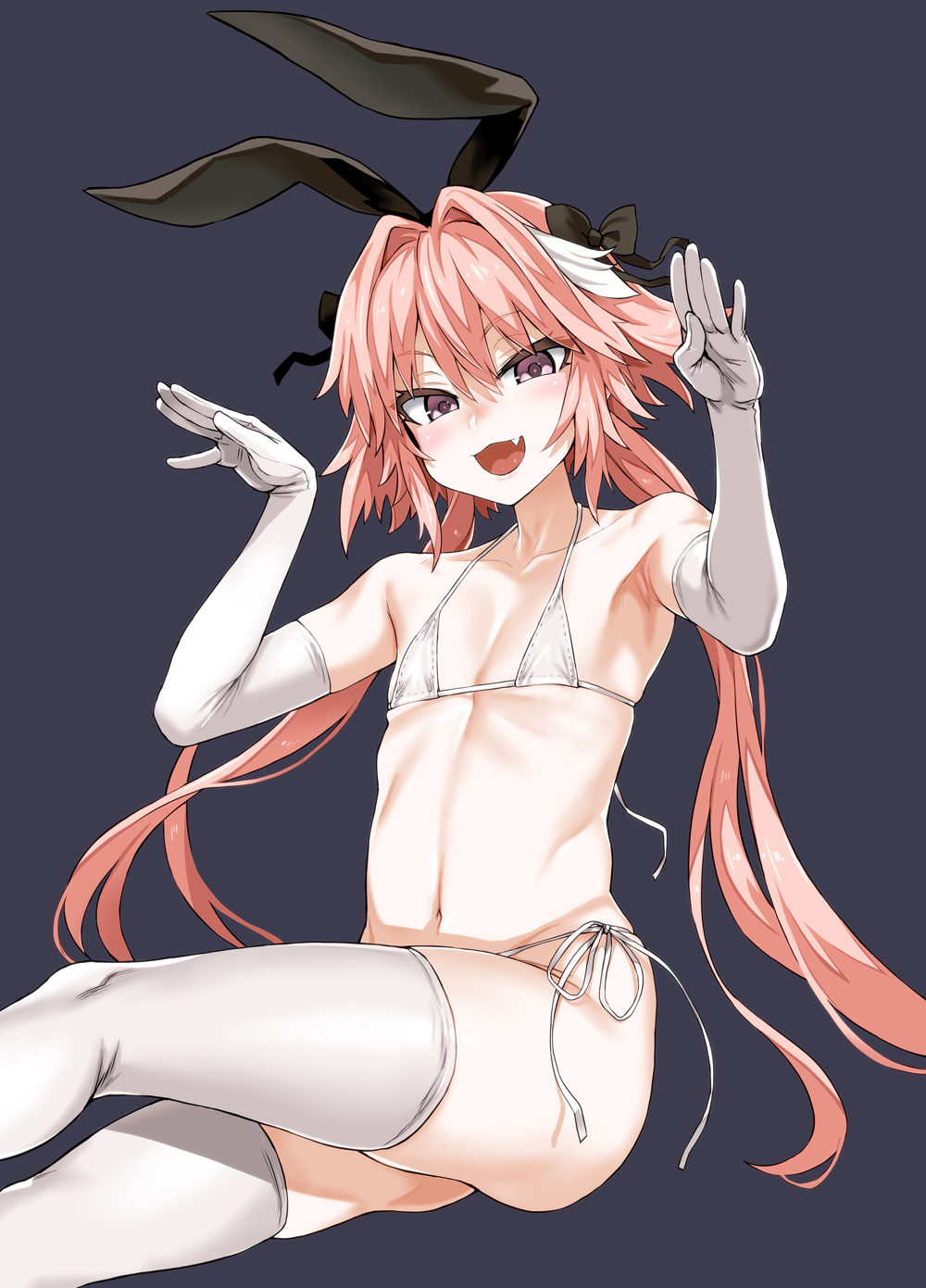 1boy asanagi astolfo_(fate) bikini bow bunny_ears cute_fang fate/apocrypha fate/grand_order fate_(series) femboy gloves male male_only pink_hair purple_eyes ribbon slender slender_waist solo stockings trap