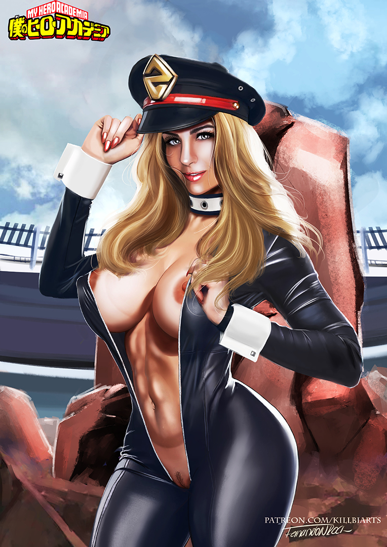 1girls, abs, areola, areolae, artist name, big breasts, blonde female, blonde hair, blue eyes, bodysuit, breasts, camie utsushimi, cap, cleavage, clothing, color, colored, colored nails, curvy, detailed background, erect nipples, exposed breasts, exposed nipples, female, female only, female pubic hair, hair, hat, hero outfit (mha), huge breasts, killbiro, light skin, light-skinned female, lipstick, long hair, looking at viewer, makeup, muscular, muscular female, my hero academia, nail polish, navel, nipple bulge, nipples, no bra, no panties, nudity, open clothes, painted nails, pink lips, pink lipstick, pubic hair, pussy, realistic, red nails, shiketsu high school cap, smiling, solo, teeth, tight clothing, uncensored, unzipped, unzipped bodysuit, watermark, wrist cuffs