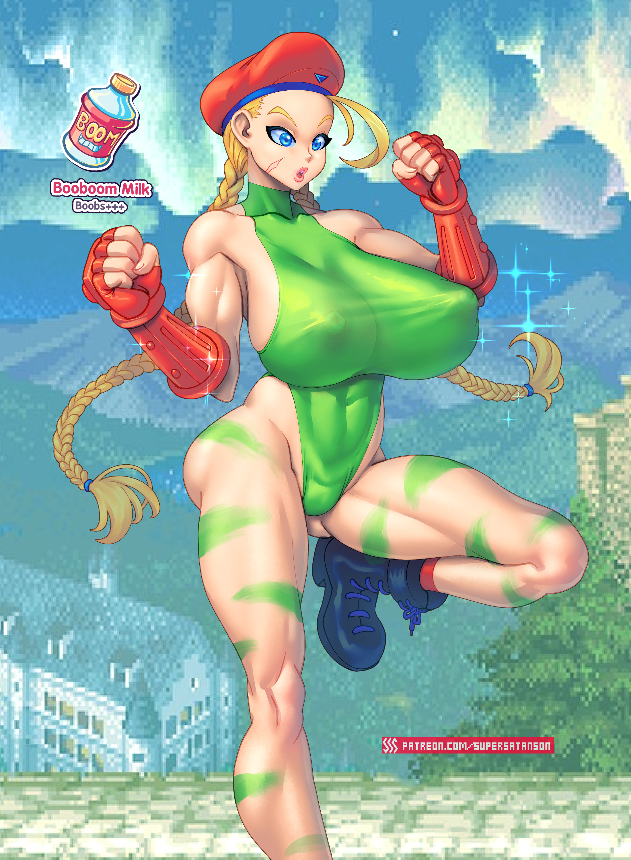 1girls, abs, alternate breast size, areolae, big breasts, blonde hair, blue eyes, breast expansion, breast growth, breast growth (enlargement), breasts, cammy white, cleavage, erect nipples, erect nipples under clothes, female, hat, leotard, muscles, muscular, muscular female, muscular thighs, nipples, nipples visible through clothing, solo, solo female, street fighter, supersatanson, surprised, thighs