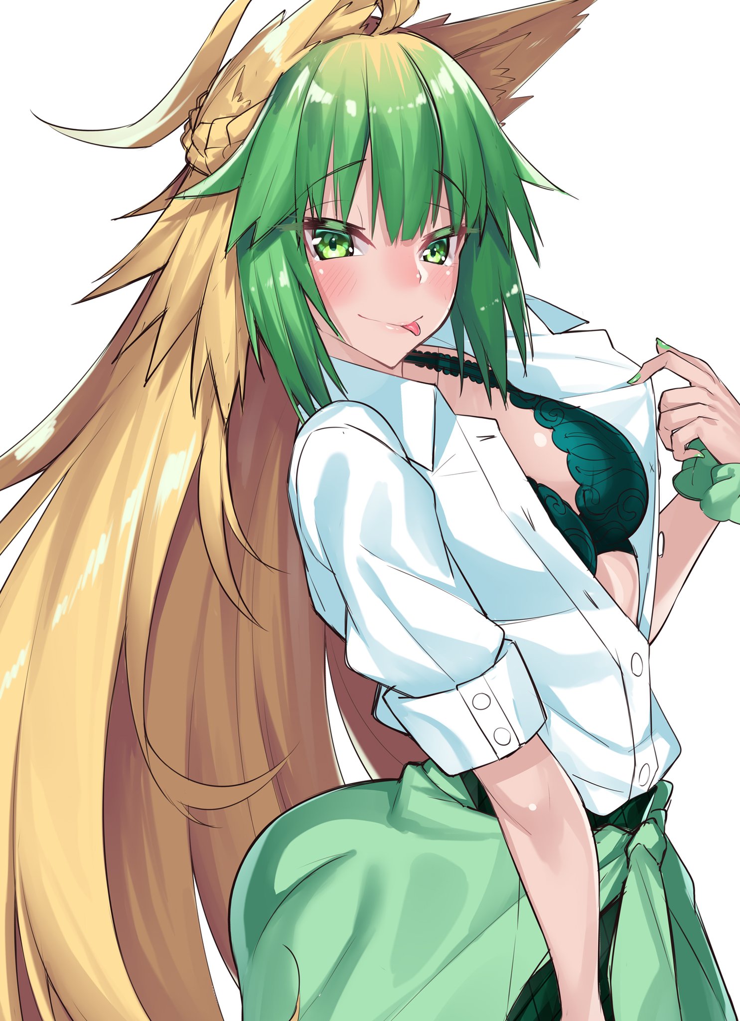 1girls, atalanta (fate), blonde fur, blonde hair, bra, breasts, cat ears, fate (series), fate/apocrypha, fate/grand order, female, gradient hair, green eyes, green hair, looking at viewer, school uniform, schoolgirl, small breasts, solo, solo female, sweater around waist, tongue, tongue out, watosu (watosu mama)