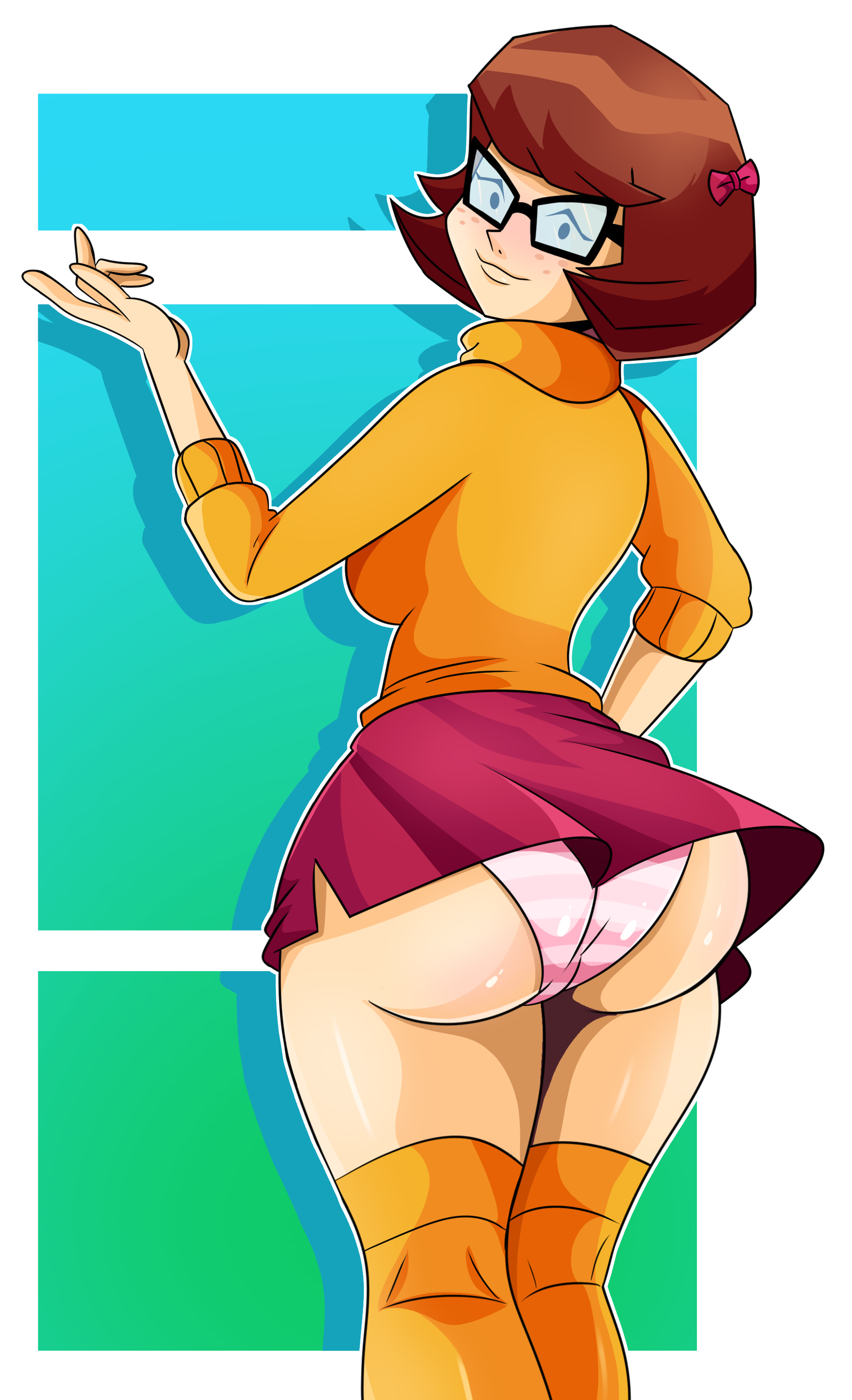 1girls, absurdres, ass, back view, bangs, big ass, big butt, black-framed glasses, blush, bottom heavy, breasts, brown hair, bubble ass, bubble butt, clothed, eyewear, female, female only, freckles, glasses, hairbow, hand on hip, hanna-barbera, highres, huge ass, huge butt, human, large ass, large butt, looking at viewer, looking back, miniskirt, orange legwear, panties, pink panties, scooby-doo, sexy, sexy ass, sexy butt, shiny skin, short hair, sideboob, skirt, smile, solo, sonson-sensei, standing, striped panties, sweater, thick ass, thick butt, thick thighs, thighhighs, turtleneck, turtleneck sweater, upskirt, velma dinkley, wind lift