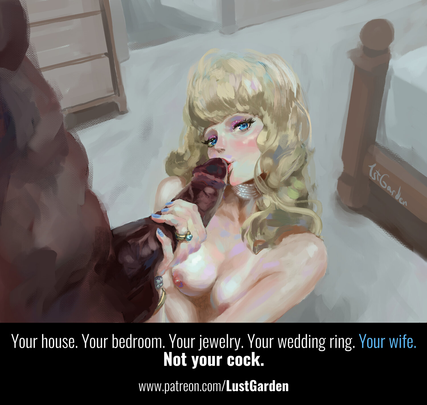 1boy, 1girls, 1stgarden, big penis, bimbo, blonde hair, cheating, dark skin, dark-skinned male, english text, fellatio, female, holding penis, interracial, male, penis, text, wedding ring