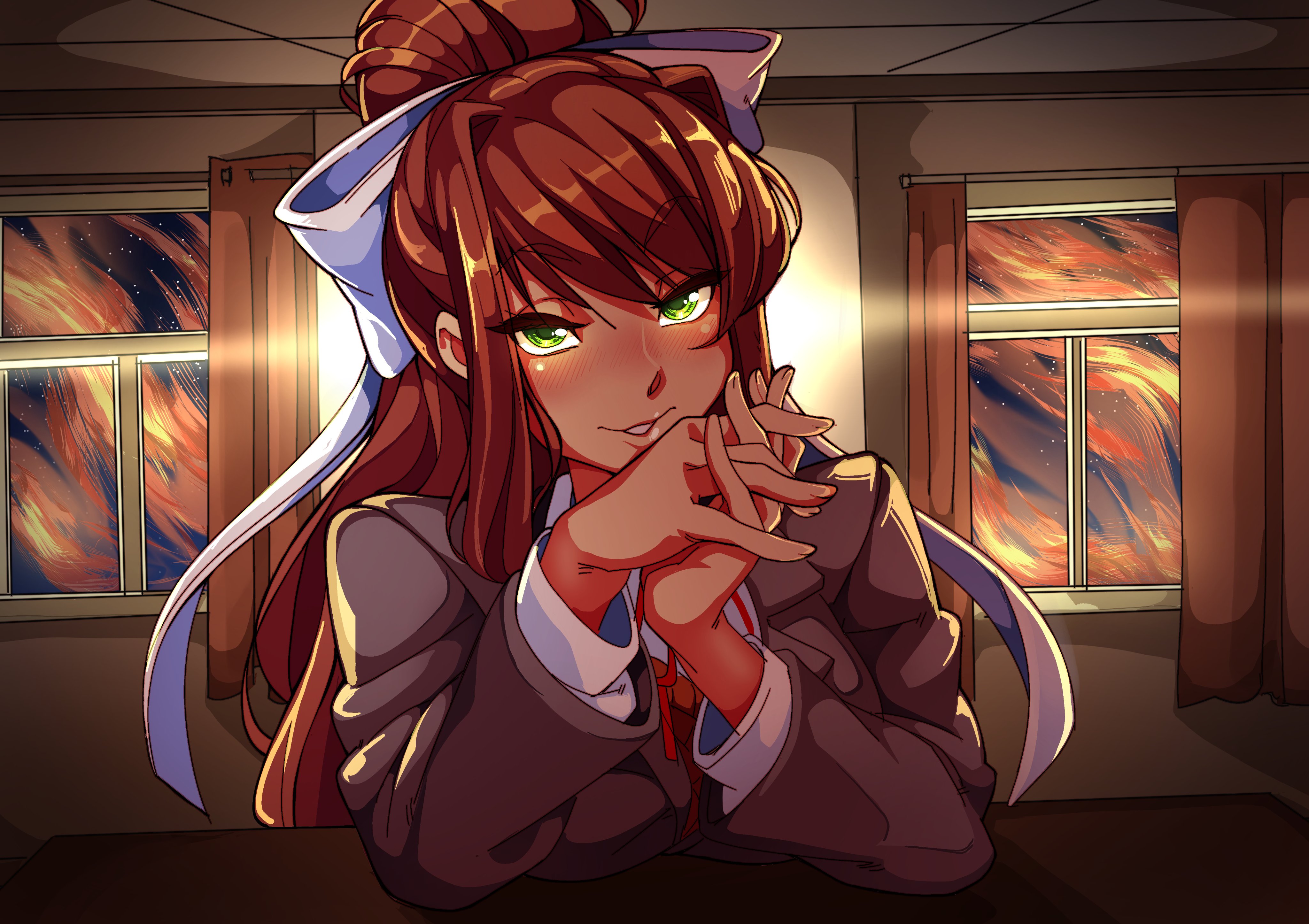 1girls, bangs, bedroom eyes, blush, breasts, brown hair, busty, clothed, doki doki literature club, female, female only, green eyes, hair intakes, hair ribbon, hairbow, highres, human, indoors, interlocked fingers, long hair, long ponytail, looking at viewer, monika (doki doki literature club), night, nisego, ponytail, school uniform, smile, smiling, solo, stars, very long hair, window