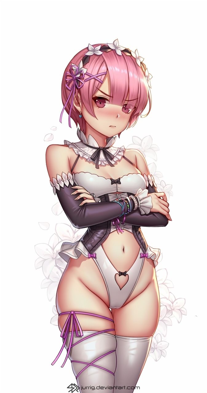 blush breasts cameltoe jurrig navel pink_hair ram_(re:zero) re:zero_kara_hajimeru_isekai_seikatsu tagme thighhighs