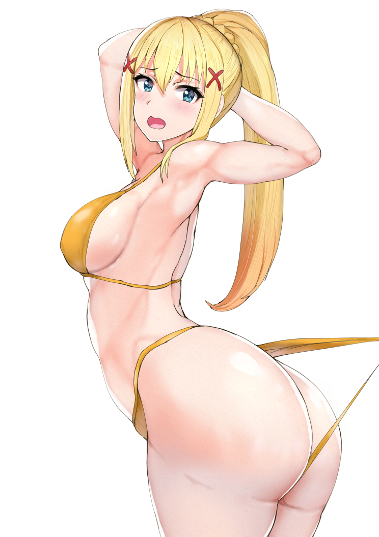 big breasts, bikini, blonde hair, breasts, darkness (konosuba), female, female only, kono subarashii sekai ni shukufuku wo!, long hair, skj 77o, solo, solo female, solo focus, swimsuit