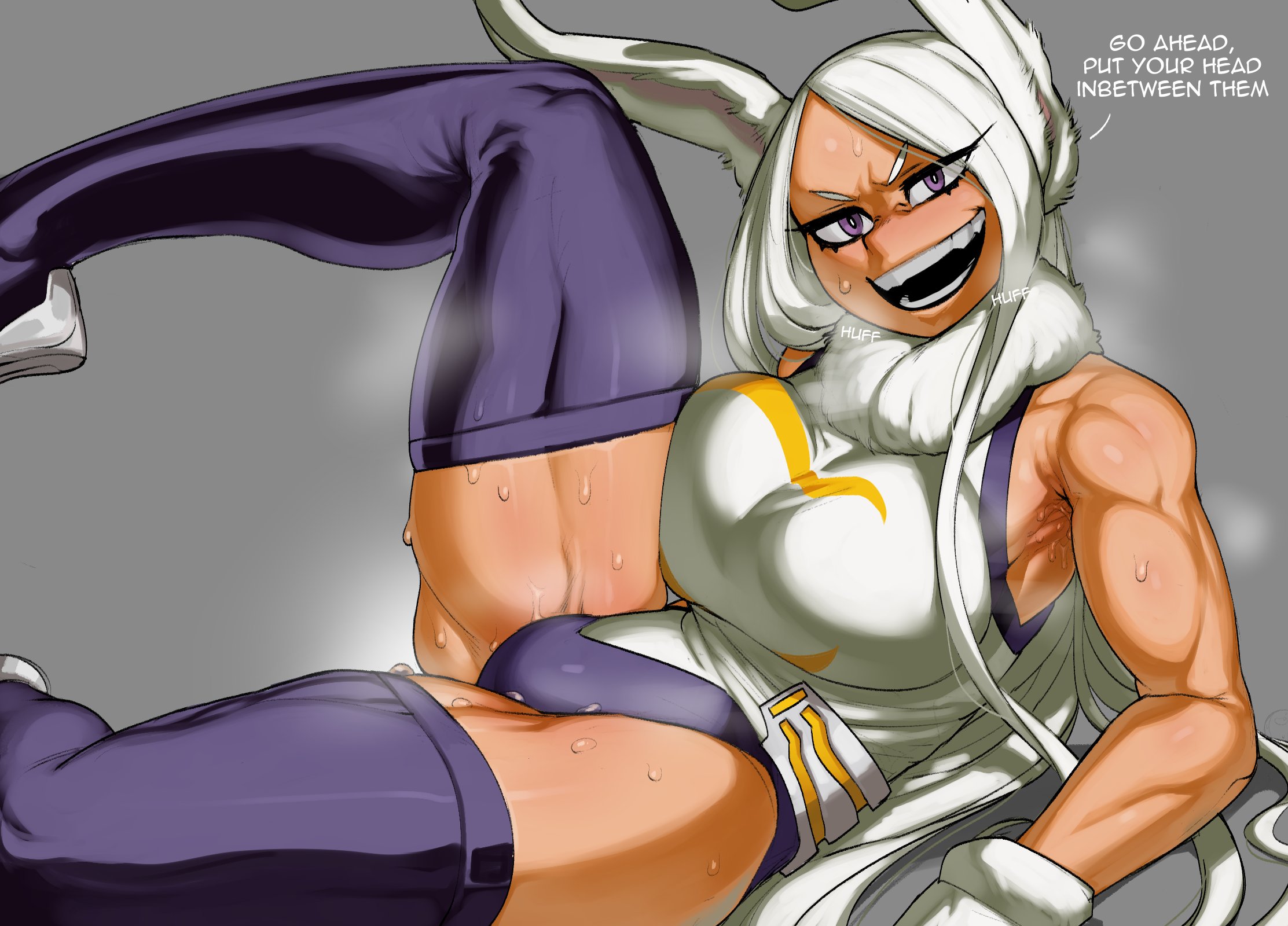 1girls, alternate breast size, animal ears, armpit crease, armpits, ass, big ass, big breasts, black legwear, bodysuit, breasts, breath, bunny ears, clothed, clothing, dark skin, dark-skinned female, dialogue, english text, eye contact, eyebrows, eyelashes, female, female human, female only, fully clothed, fur, furry ears, gloves, grey background, hair, heavy breathing, hero outfit (mha), human, inviting, kemonomimi, krekk0v, large ass, large breasts, leg lift, leggings, legs, legs apart, leotard, long hair, looking at viewer, mature female, miruko, muscles, muscular, muscular arms, muscular female, my hero academia, on back, open mouth, purple eyes, rumi usagiyama, simple background, smile, solo, steam, superhero costume, superheroine, sweat, sweatdrop, sweaty armpits, sweaty thighs, teeth, text, thick thighs, thighhighs, thighs, tomboy, veins, wet, white eyebrows, white hair, white leotard, wide hips