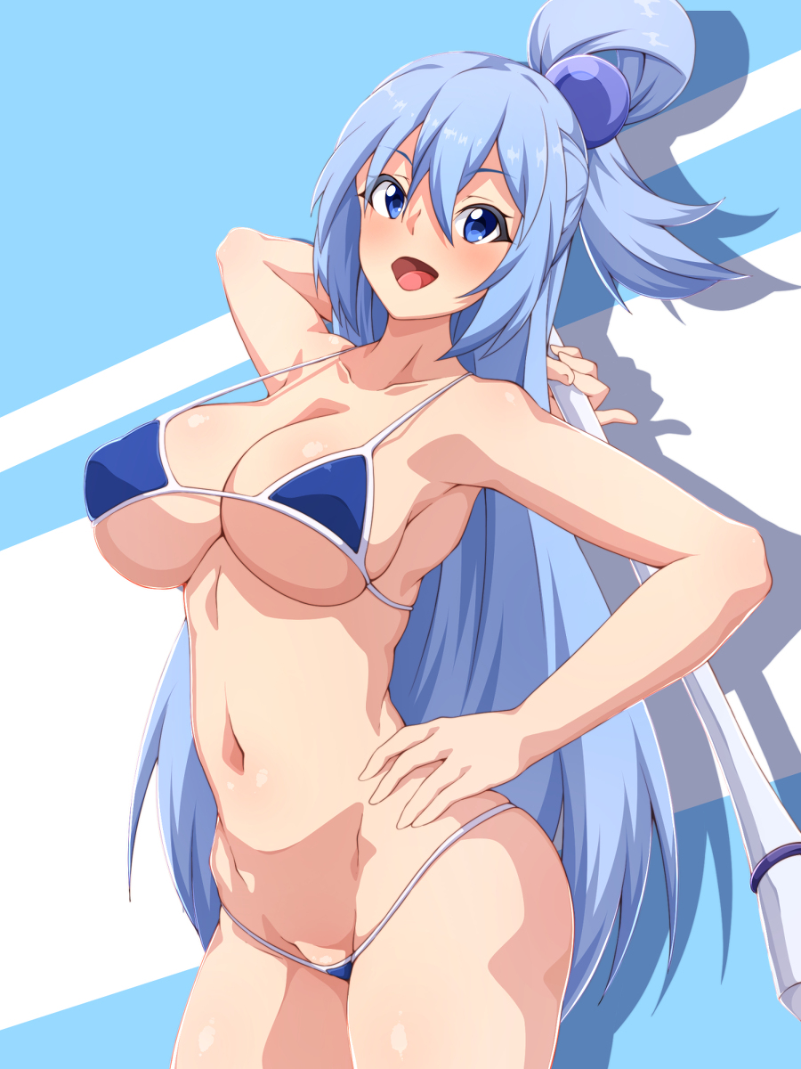 aqua_(konosuba) big_breasts bikini blue_eyes blue_hair female female_only goddess kono_subarashii_sekai_ni_shukufuku_wo! legs long_hair nanashi_maru nipples nipples_visible_through_clothing solo solo_female solo_focus