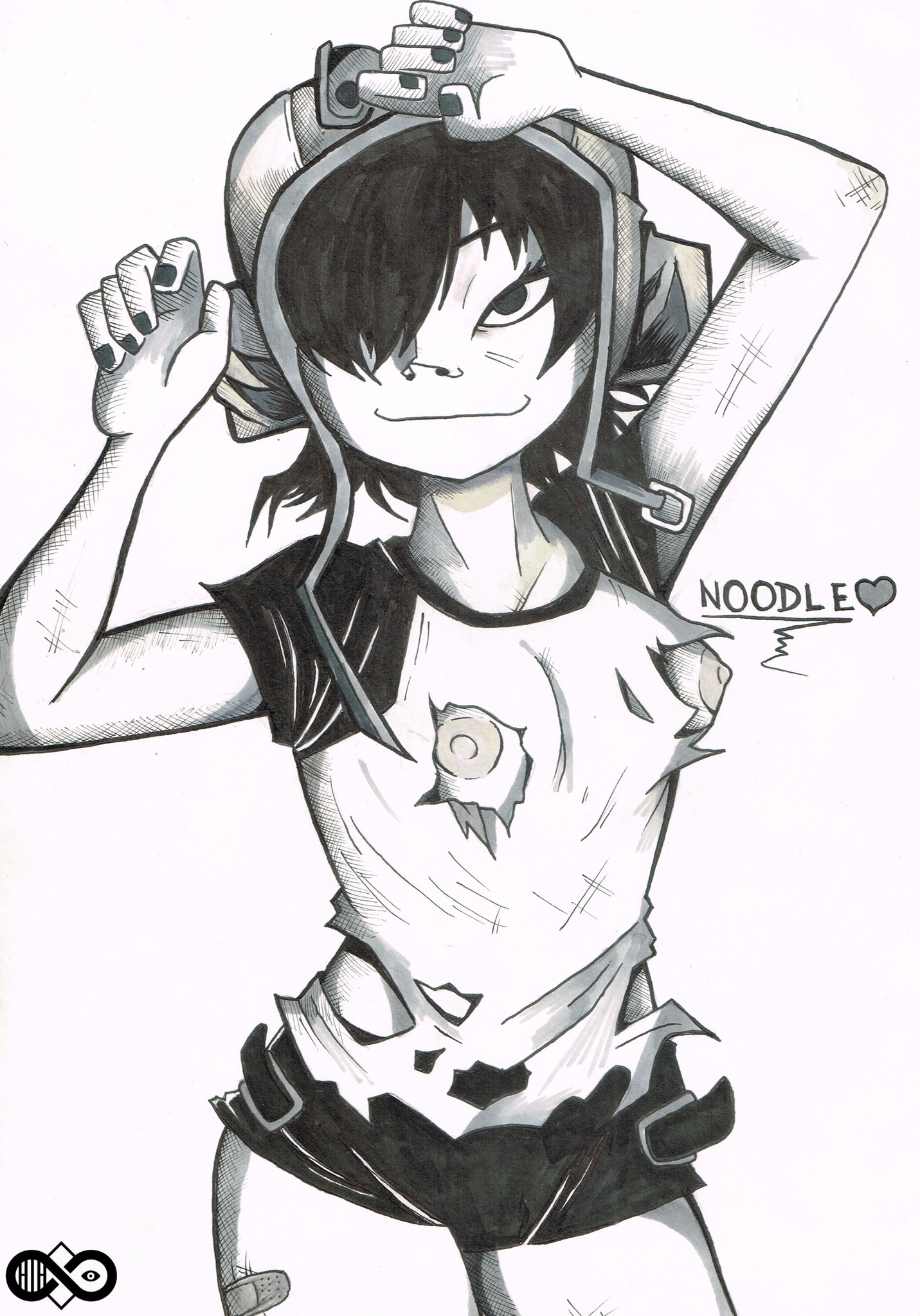 breasts, female, female only, gorillaz, harrisartz, helmet, legs, monochrome, nipples, noodle (gorillaz), shirt, solo, solo female, tagme, torn clothes, torn shirt
