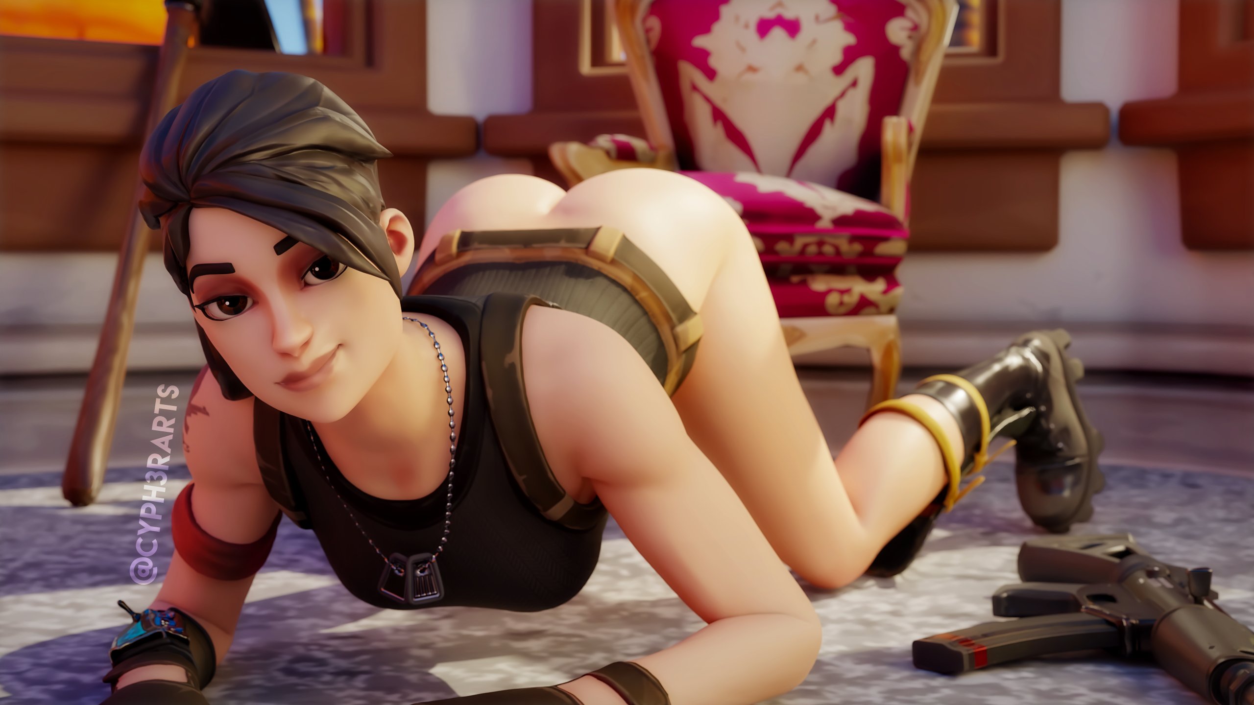 1girls, 3d, armband, ass, ass up, big ass, black hair, boots, bottomless, bottomless female, cyph3rarts, female, female only, fortnite, human, laying down, laying on ground, laying on stomach, looking at viewer, lying, ramirez (fortnite), ramirez (fortnite) (model), shirt, solo, solo female, tagme, tattoo