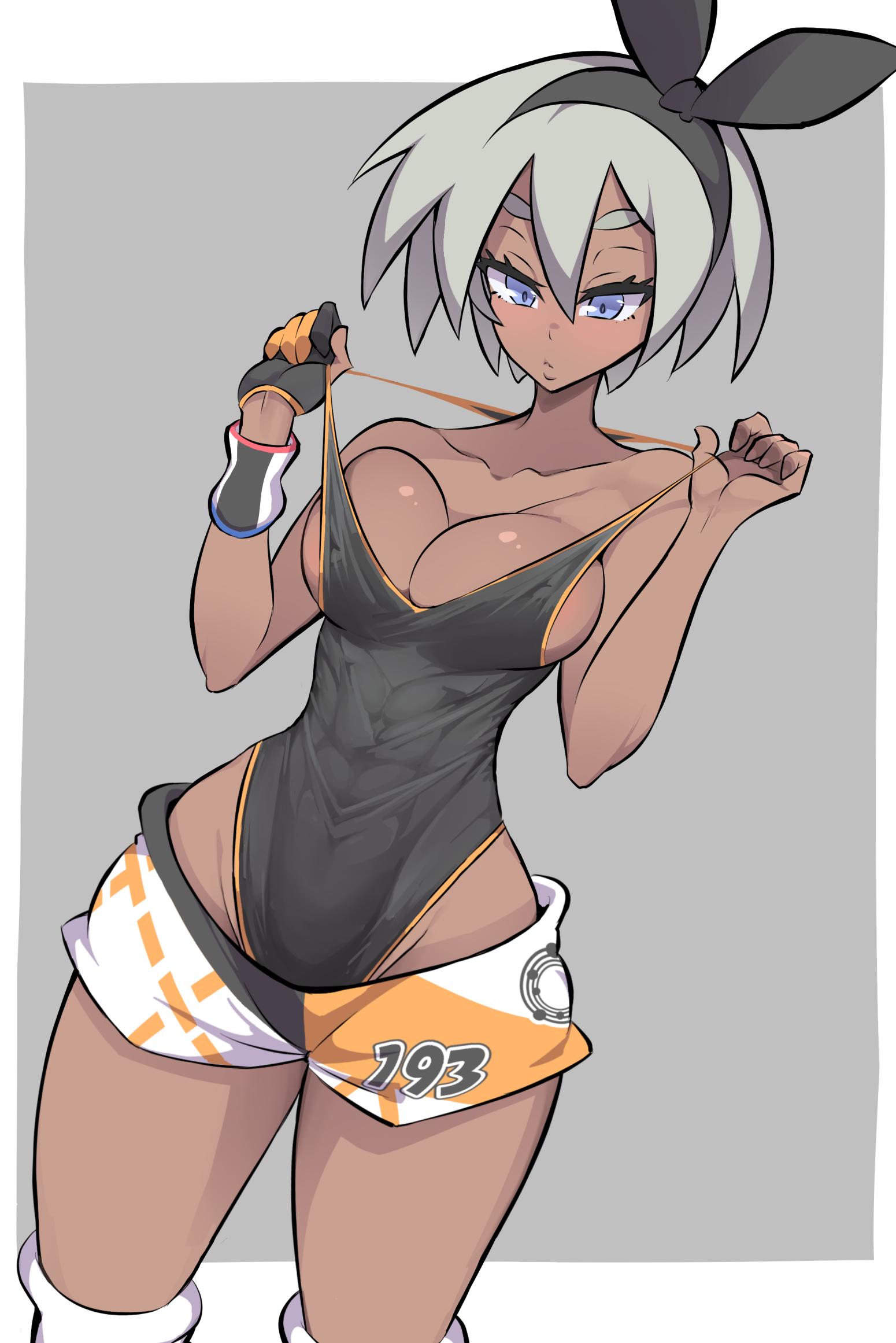 1girls, abs, alternate breast size, armpits, bare shoulders, bea (pokemon), big breasts, blue eyes, blush, bodysuit, breasts, bursting breasts, cleavage, dark skin, dark-skinned female, eye contact, eyelashes, female, female only, fit, grey background, grey hair, hairband, holding, human, legs, leotard, looking at viewer, muscular, muscular female, nac000, nintendo, nipples, nipples visible through clothing, pokemon, pokemon ss, pose, short hair, shorts, sideboob, source request, standing, text, thick thighs, thigh gap, thin waist, white border, wide hips