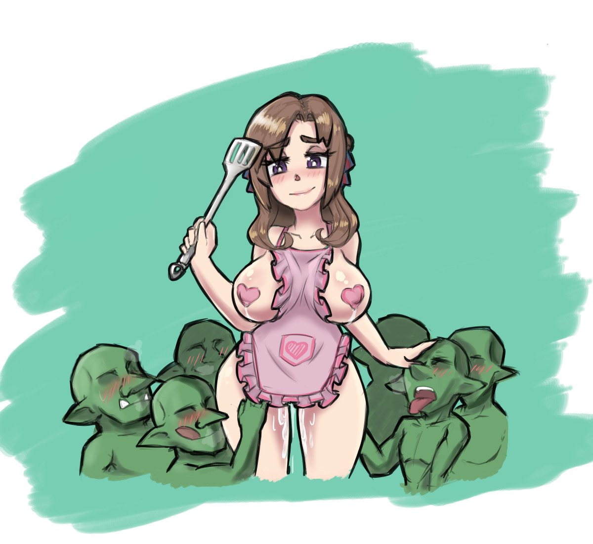 1girls, 6boys, areolae, big breasts, blush, breasts, brown hair, covered nipples, female, goblin, goblin male, green skin, heart, imminent rape, imminent sex, light skin, light-skinned female, male, milf, mother, multiple boys, multiple males, noldea, oosuki mamako, pale skin, pale-skinned female, purple eyes, pussy, pussy juice, size difference, smaller male, thick thighs, tsuujou kougeki ga zentai kougeki de ni-kai kougeki no okaasan wa suki desu ka?, unusual anatomy, unusual eyes, unusual pupils