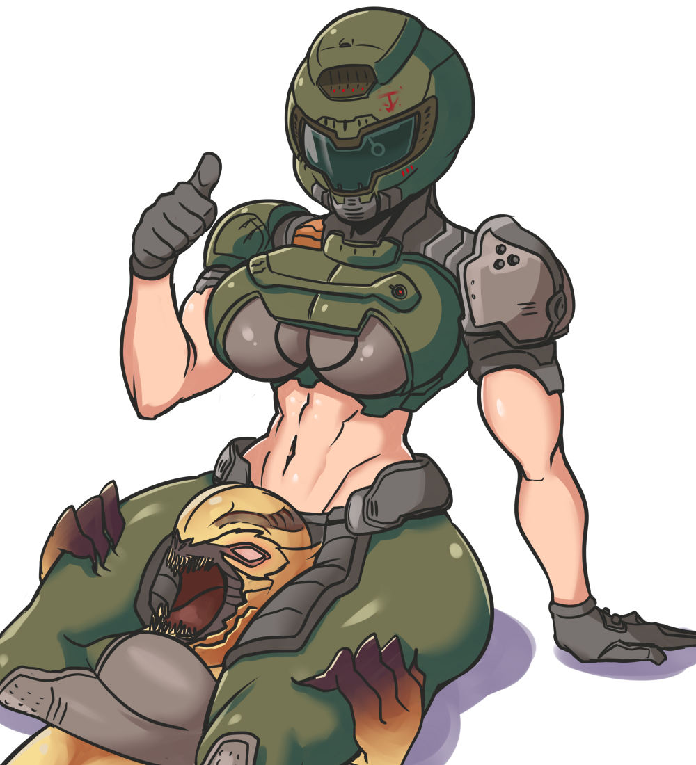 1girls abs armor asphyxiation breasts clothed demon doom doom_slayer_(doom) femdom headscissor interspecies konaloid leg_grab leg_lock midriff muscular_female rule_63 scared scissorhold strangling thumbs_up