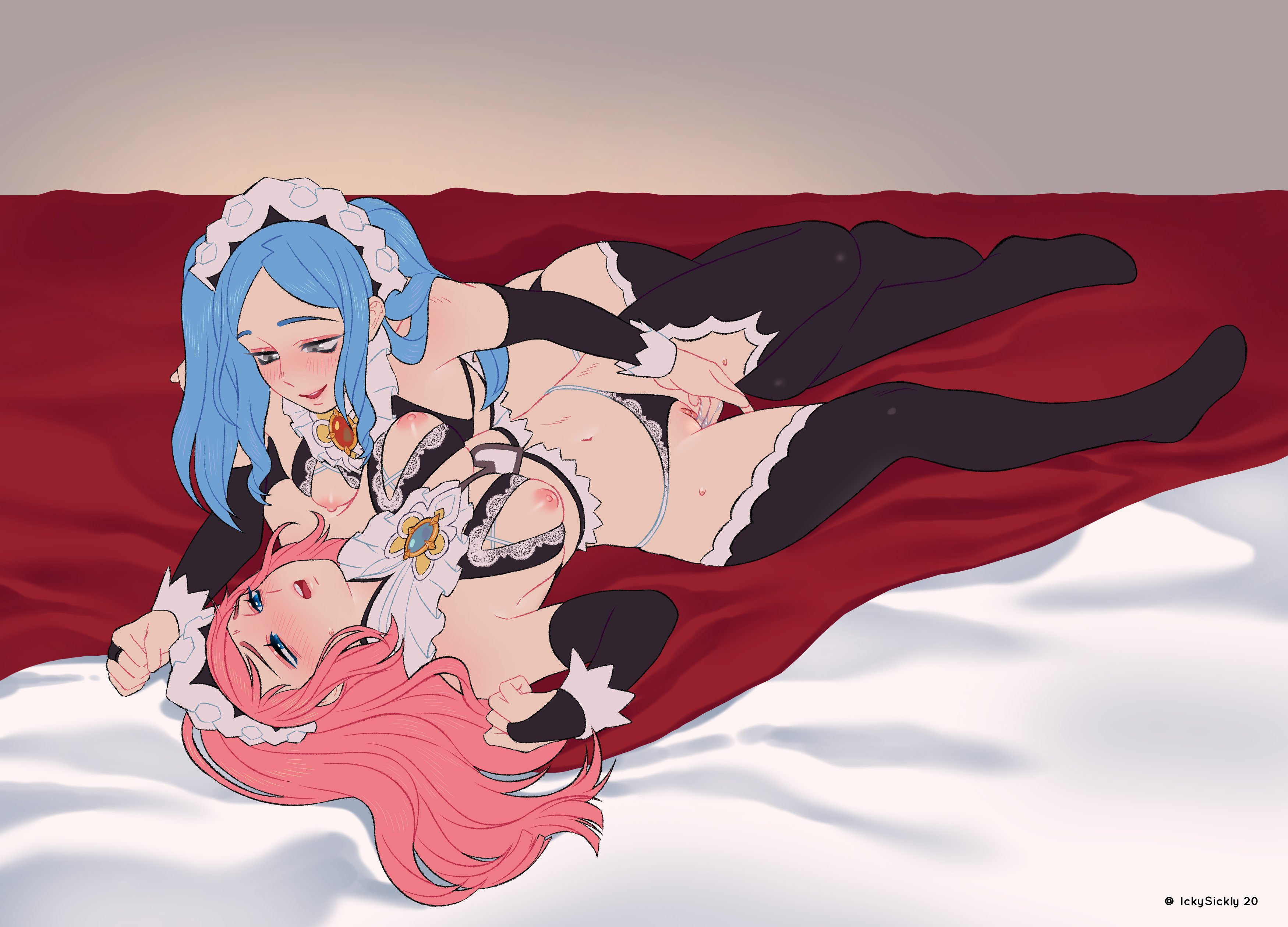 bedroom eyes, black panties, black underwear, blue eyes, blue hair, blush, breasts, felicia (fire emblem), female, female only, fingering, fire emblem, fire emblem fates, flora (fire emblem), grey eyes, happy sex, high resolution, ickysickly, incest, legs, lingerie, looking pleasured, maid, medium breasts, pantsu, pink hair, pussy, sex, siblings, sisters, smile, stockings, underwear, vaginal juices, very high resolution, yuri