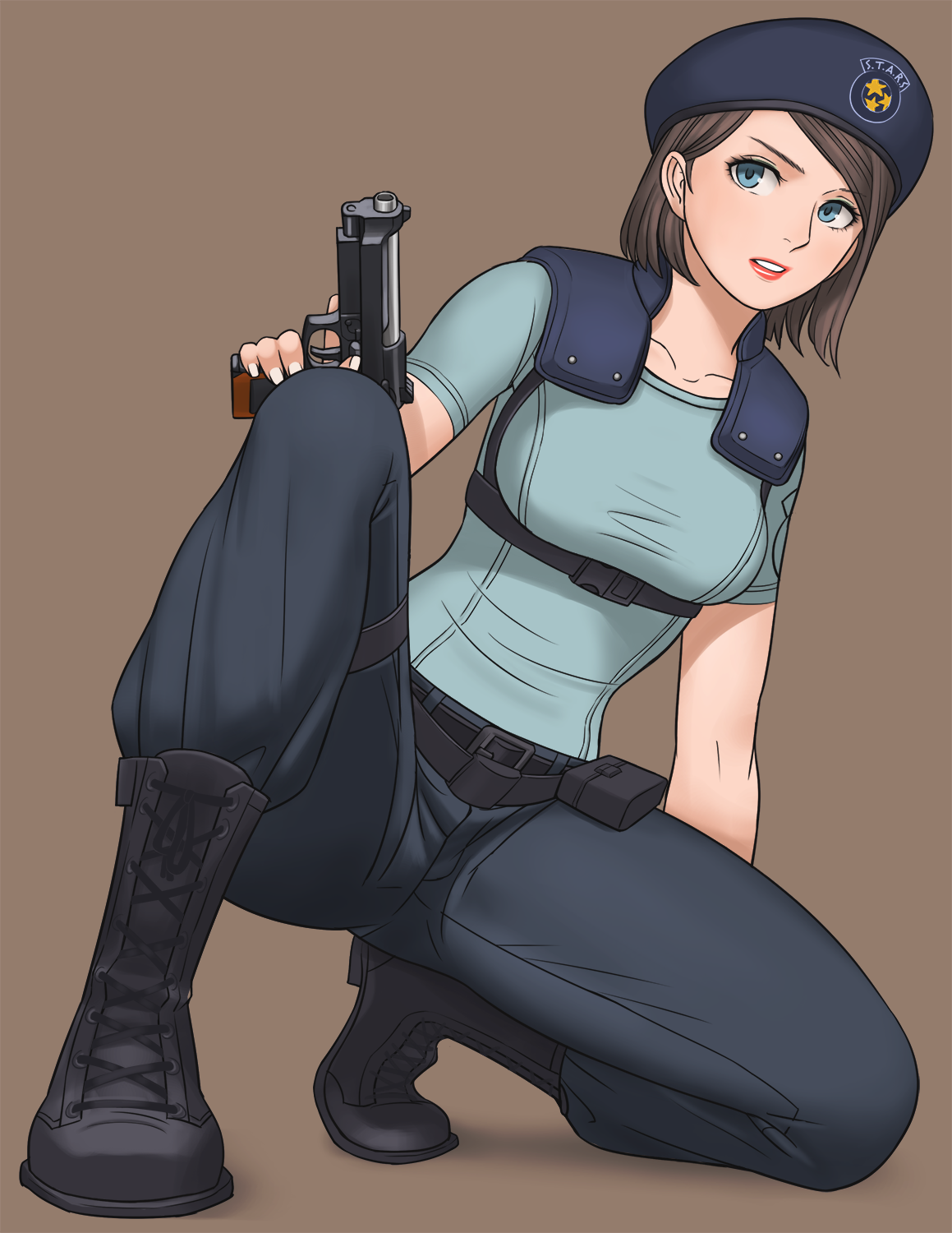 1girls, alternate version available, beret, blue eyes, bob cut, boots, brown hair, capcom, crouching, female, female only, gun, jill valentine, jill valentine (julia voth), police uniform, resident evil, resident evil remake, shoulder pads, solo