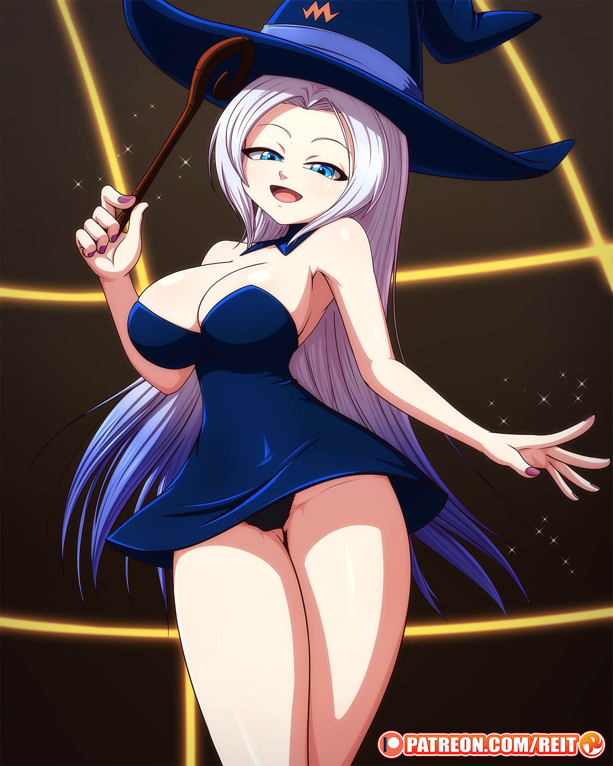 background, big breasts, blue eyes, breasts, doron (ishuzoku reviewers), female, ishuzoku reviewers, long hair, looking at viewer, panties, patreon, reit, under skirt, white hair, witch, witch hat