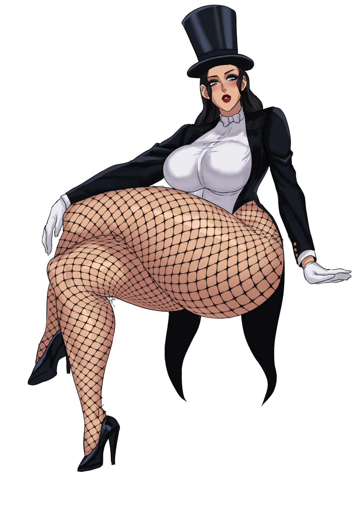 1girls, ass, big ass, big breasts, big thighs, black hair, blue eyes, bottom heavy, bowtie, breasts, bubble butt, busty, clothed, clothed female, curvaceous, curvy, curvy female, curvy figure, cyberboi, dc, dc comics, enormous thighs, fat thighs, female, fishnet legwear, fishnet pantyhose, fishnets, fully clothed, gloves, hat, high heels, hourglass figure, huge ass, huge thighs, lard ass, large ass, large thighs, lipstick, long hair, magician hat, massive ass, massive thighs, narrow waist, red lipstick, slim waist, small waist, solo, stiletto heels, straight hair, thick ass, thick thighs, thin waist, thunder thighs, thunderthighs, top hat, tophat, very high heels, white background, zatanna