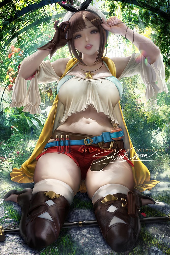 1girls, atelier (series), atelier ryza, big breasts, breasts, cleavage, female, female only, large breasts, looking at viewer, reisalin stout, sakimichan, solo, thick thighs