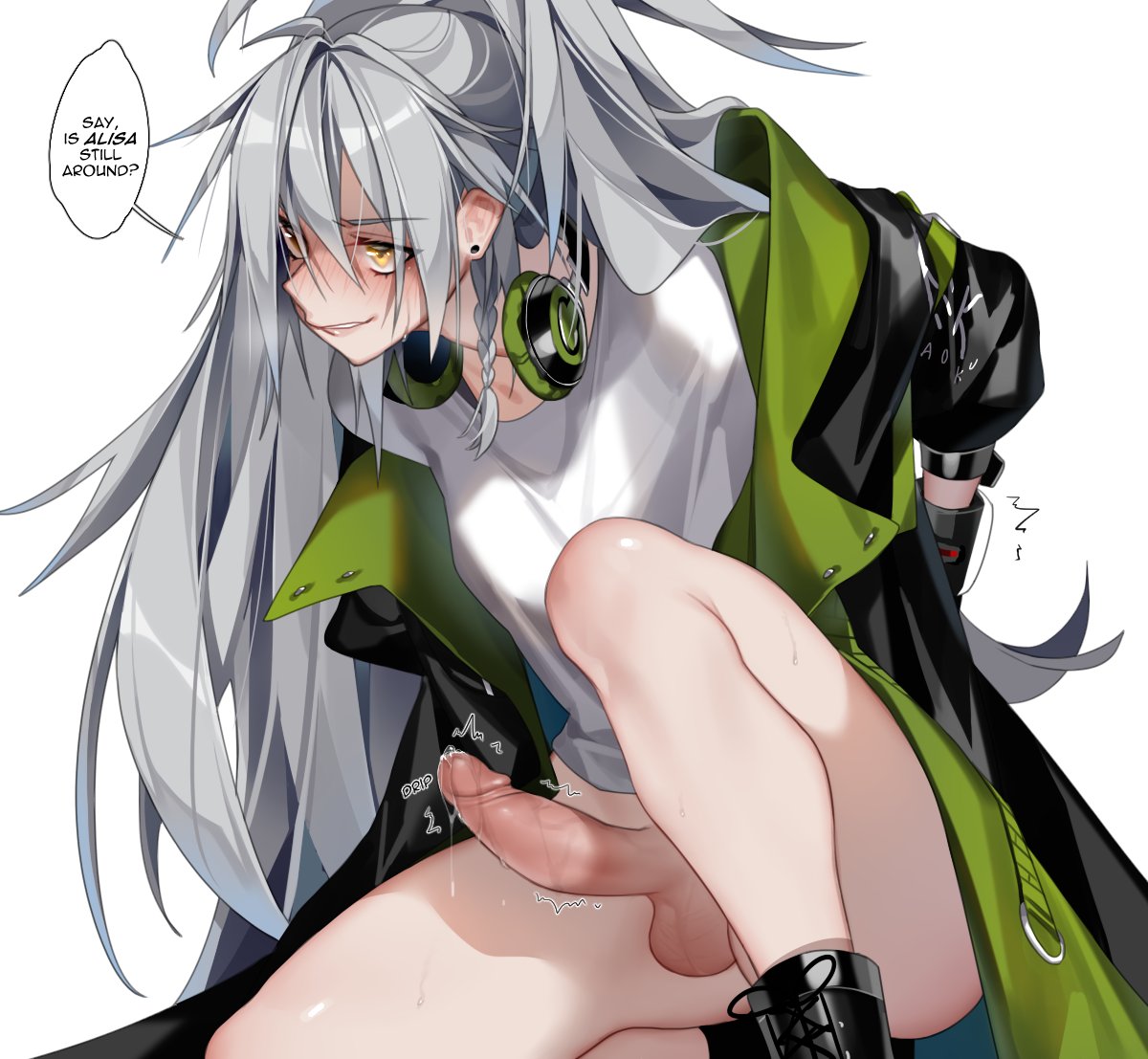 1futa aek-999_(girls'_frontline) arms_behind_back bare_legs black_coat black_footwear blush boots bottomless bound bound_arms braid breasts coat cross-laced_footwear deathalice ear_piercing erection eyelashes futa_only futanari girls'_frontline green_coat headphones headphones_around_neck kneeling lips long_hair medium_breasts one_knee penis piercing ponytail precum restrained shirt side_braid silver_hair simple_background solo t-shirt testicles thighs trembling_penis uncensored white_background white_shirt yellow_eyes