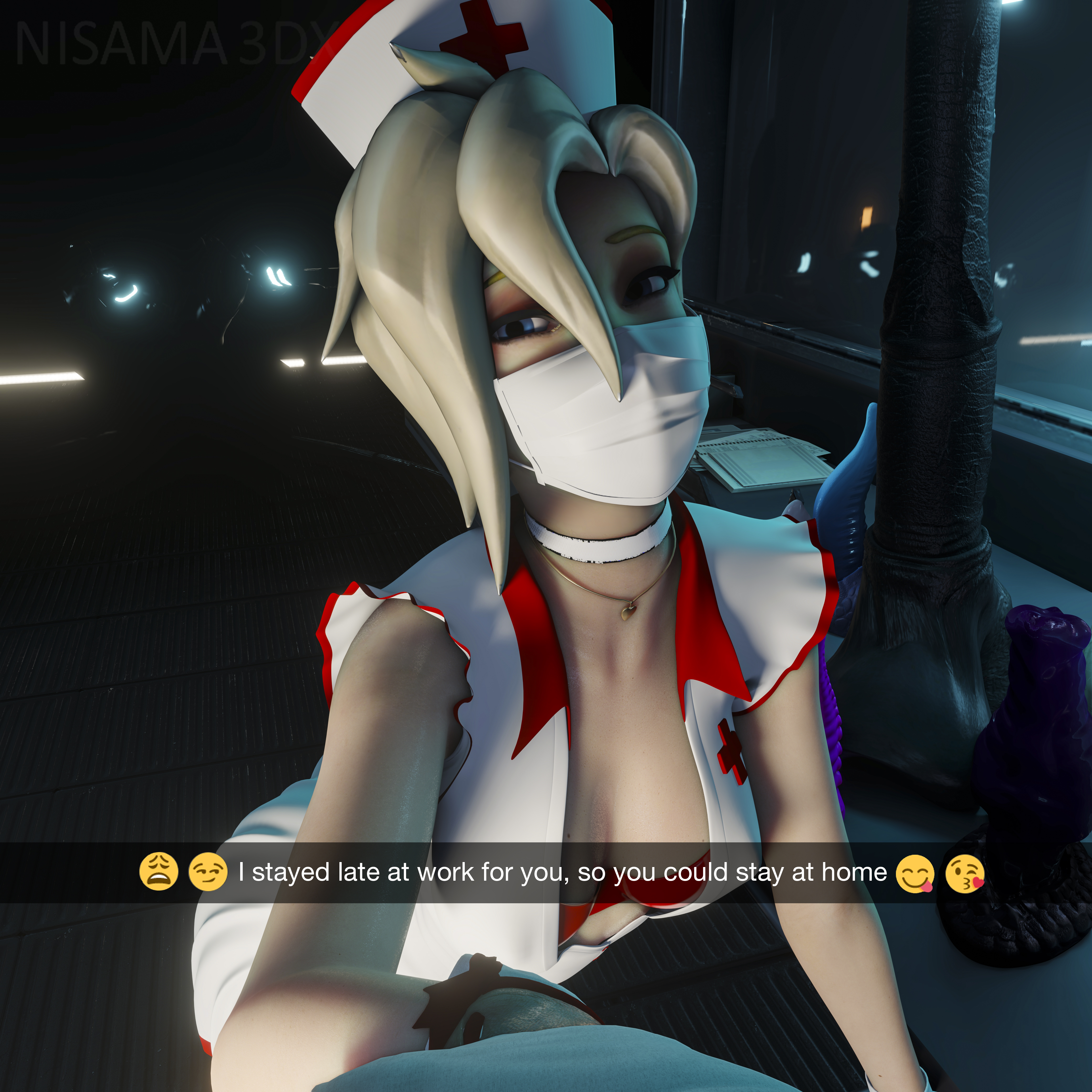 1boy, 1girls, 3d, alternate costume, bad dragon, blender, blizzard entertainment, blonde hair, blue eyes, clothed female nude male, dialogue, dildo, dr. ziegler, eye contact, eyeshadow, face mask, female, half-closed eyes, horsecock dildo, light skin, looking at viewer, male, male pov, mask, mercy, nisama3dx, nisamasfm, nurse, nurse hat, nurse uniform, overwatch, pov, slim, snapchat, straight, talking to viewer, text, tied hair