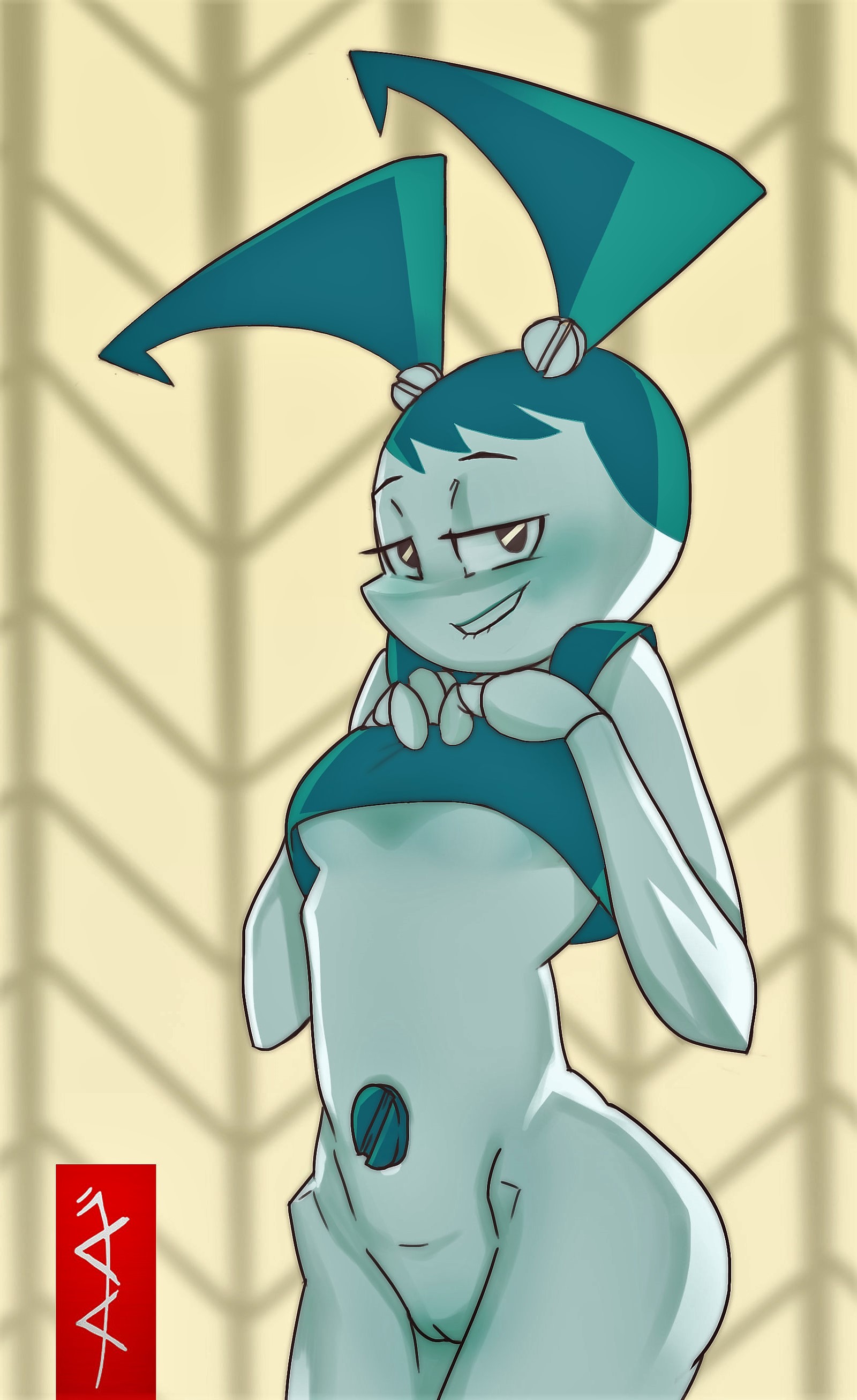 andava, biting lip, blush, bottomless, breasts, eyes half open, female, half-closed eyes, innie pussy, jenny wakeman, legs, my life as a teenage robot, pussy, robot, seductive look, smooth skin, solo, underboob, xj-9
