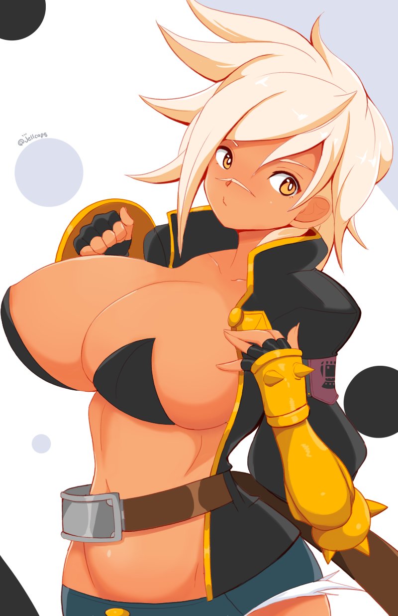 big breasts, blazblue, blazblue: chronophantasma, breasts, bullet (blazblue), dark skin, dark-skinned female, female, female only, jellcaps, light brown hair, solo, solo female, solo focus, yellow eyes