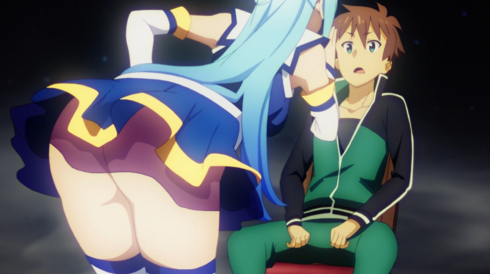 1boy, 1girls, aqua (konosuba), aqua hair, ass, ass focus, ass shot, blue hair, dress, female, goddess, hair ornament, indoor, kono subarashii sekai ni shukufuku wo!, long hair, male, no panties, revealing clothes, round ass, satou kazuma, screencap, sitting, skirt