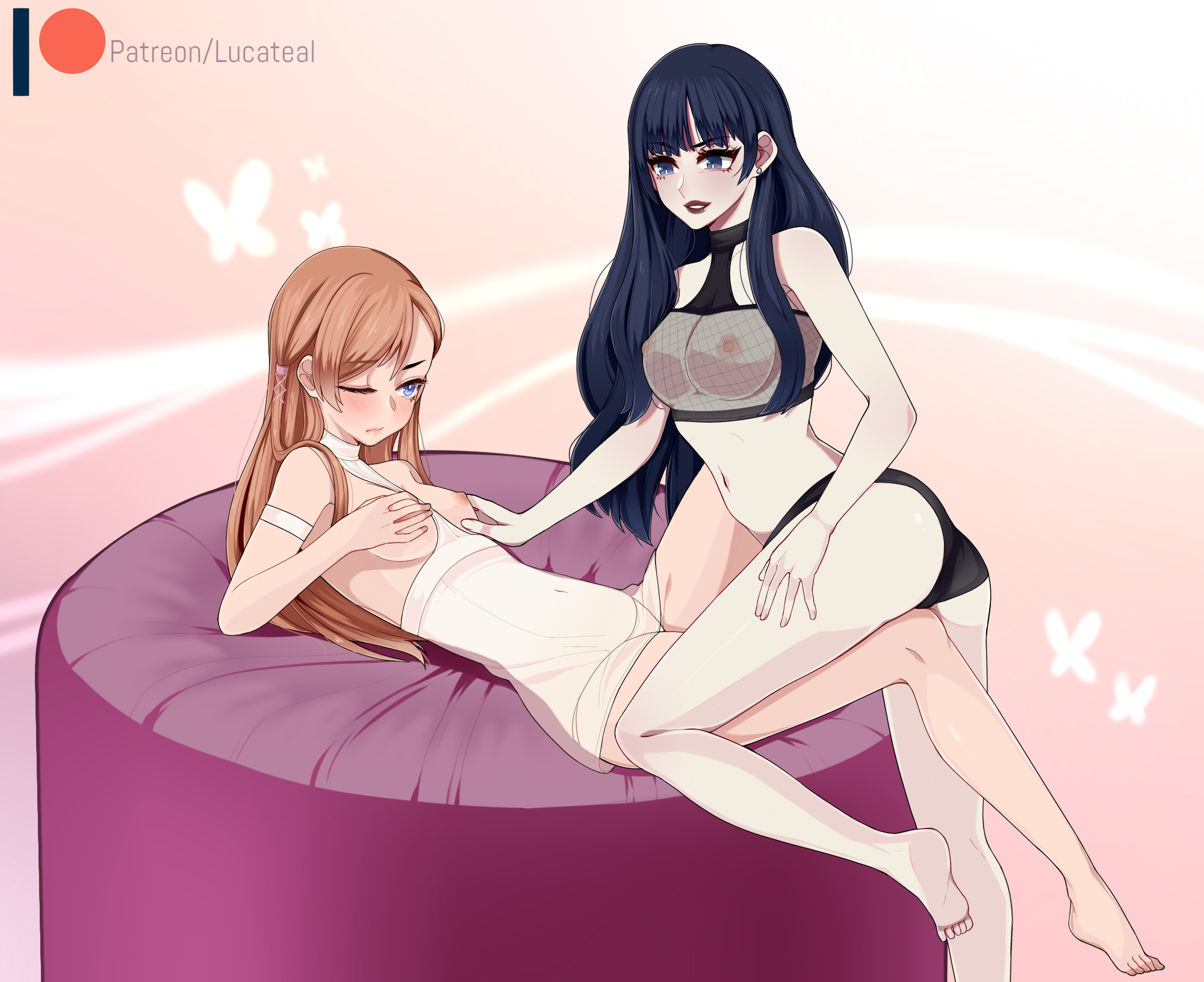 2girls, barefoot, blue eyes, blue hair, cowgirl position, duo, feet, female, female only, final fantasy, final fantasy xiv, gaia (ffxiv), goth, human, hyur, lingerie, lucateal, patreon, ryne waters, soles, toes, yuri