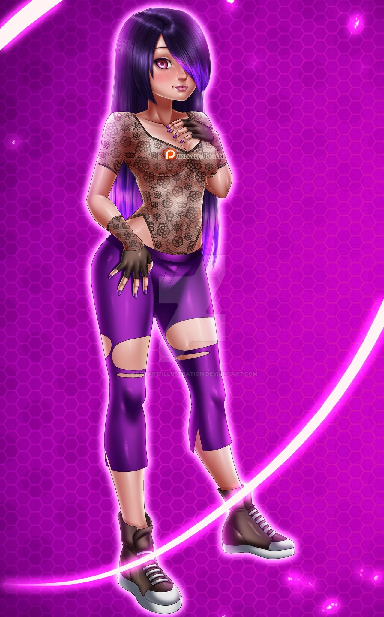 bare_calves black_gloves black_hair calves capri_pants female foxyart hair_over_one_eye hand_on_chest juleka_couffaine magenta_eyes miraculous_ladybug purple_fingernails purple_hair purple_legwear see-through_top sneakers solo torn_leggings two_tone_hair very_long_hair