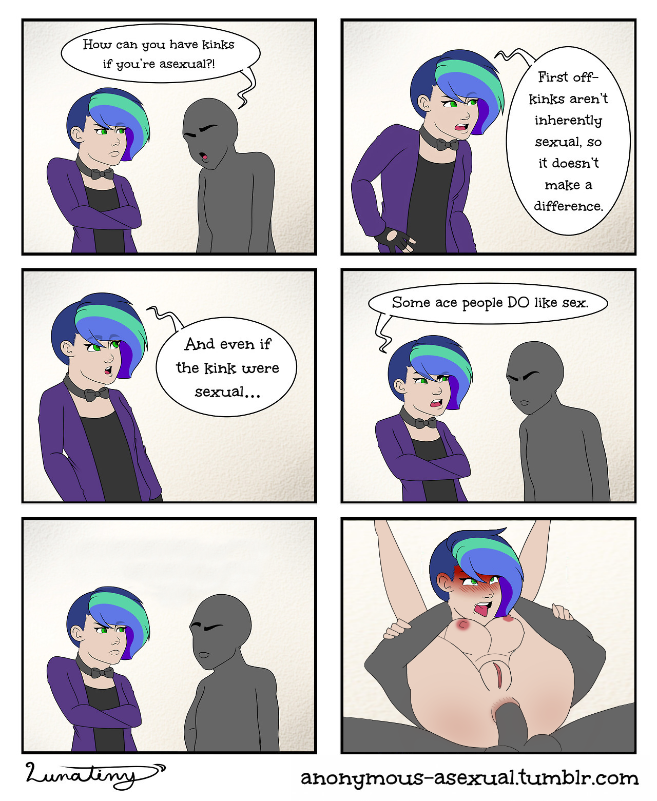 1boy, 1girls, anal, anonymous asexual, artist request, asexual, big breasts, blush, breasts, color, comic, english text, female, full nelson anal, instant loss, male, nude, nude male, sex, straight, tagme, text, toothpaste hair