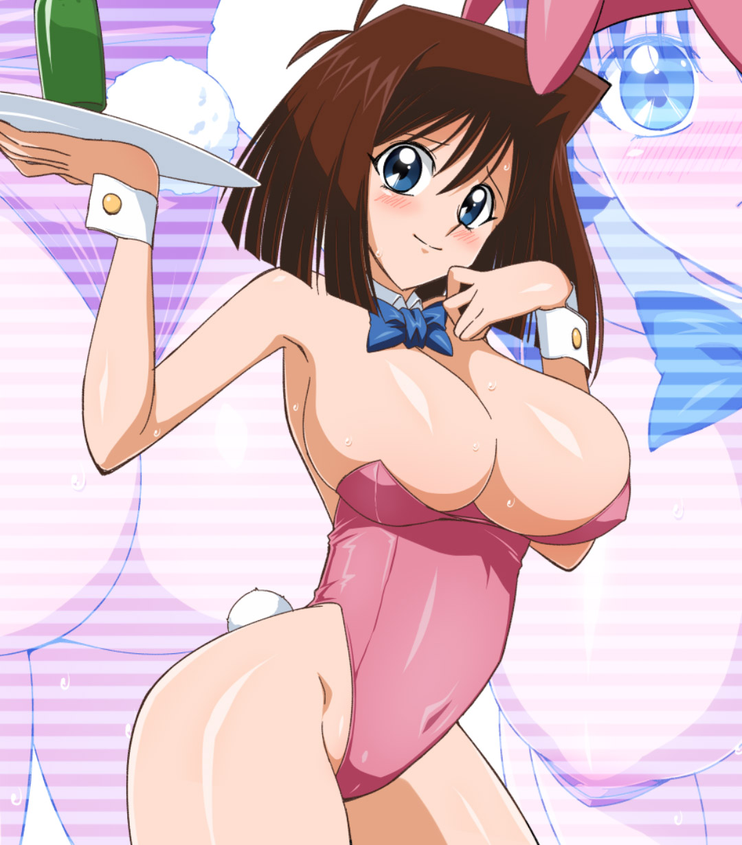 1girls, alternate breast size, alternate outfit, armpits, ass, big breasts, blue eyes, bodysuit, breasts, brown hair, bunny ears, bunny girl, bunnysuit, cleavage, female, female only, huge breasts, legs, short hair, shounen jump, smile, solo, source request, sweat, tamezou, tea gardner, wet, yu-gi-oh!, yuu-gi-ou duel monsters, zoom layer