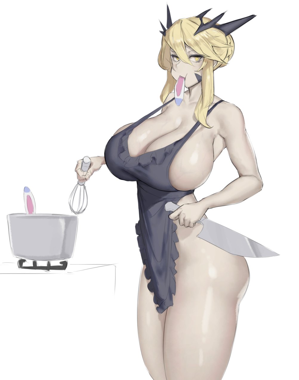 1girls, alternate breast size, alternate outfit, apron, armpits, artoria pendragon, artoria pendragon (lancer alter), ass, big ass, blonde hair, breasts, cleavage, cooking, eu03, fate (series), fate/grand order, female, female only, half-closed eyes, huge breasts, knife, legs, looking at viewer, naked apron, sideboob, sketch, solo, thick thighs, wide hips