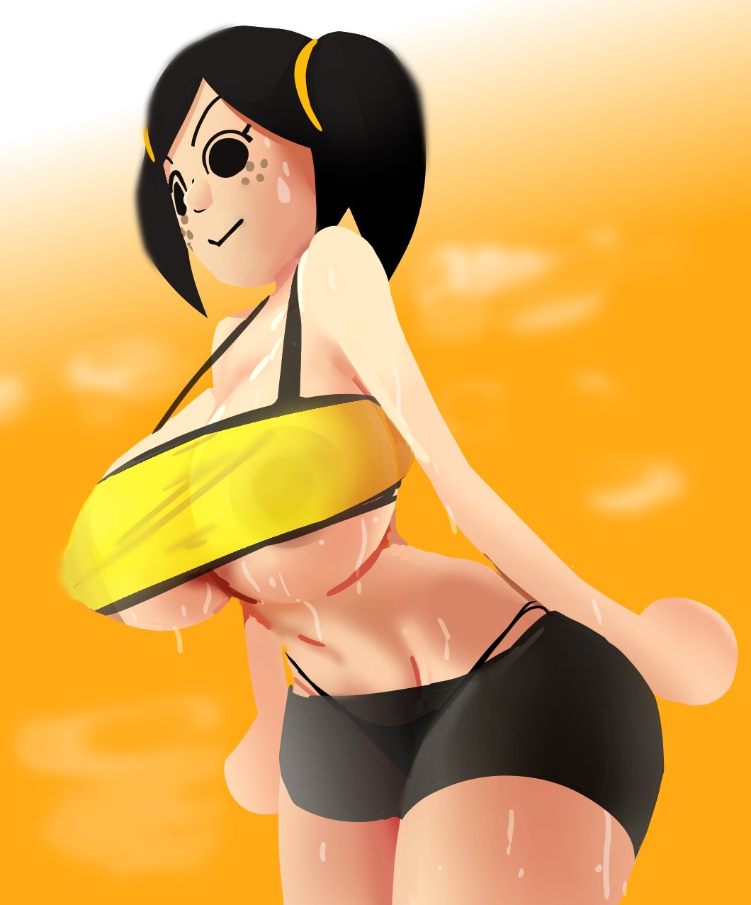 1girls, background, big breasts, black eyes, black hair, black panties, breasts, color, crop top, expressionless, female, female only, freckles, megumii channel, mii, mob face, nintendo, no bra, panties, see-through, see-through clothing, shadow, shoulders, spats, sweat, sweatdrop, tagme, thick thighs, thighs, twintails, underboob, white skin, yev-san