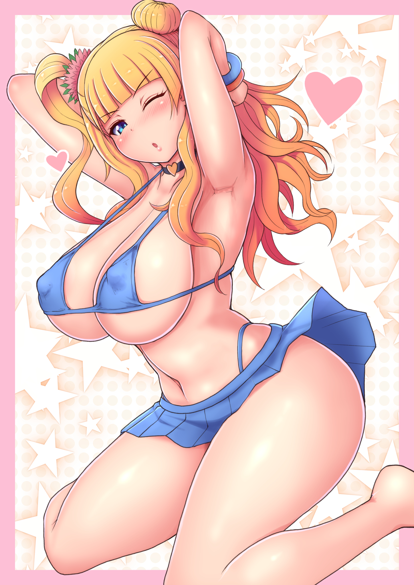 big breasts, bikini, blonde hair, blue eyes, breasts, curly hair, female, female only, galko, gyaru, long hair, nipples, nipples visible through clothing, one eye closed, oshiete! galko-chan, ponpo, ponponmaru, solo, solo female, solo focus, swimsuit