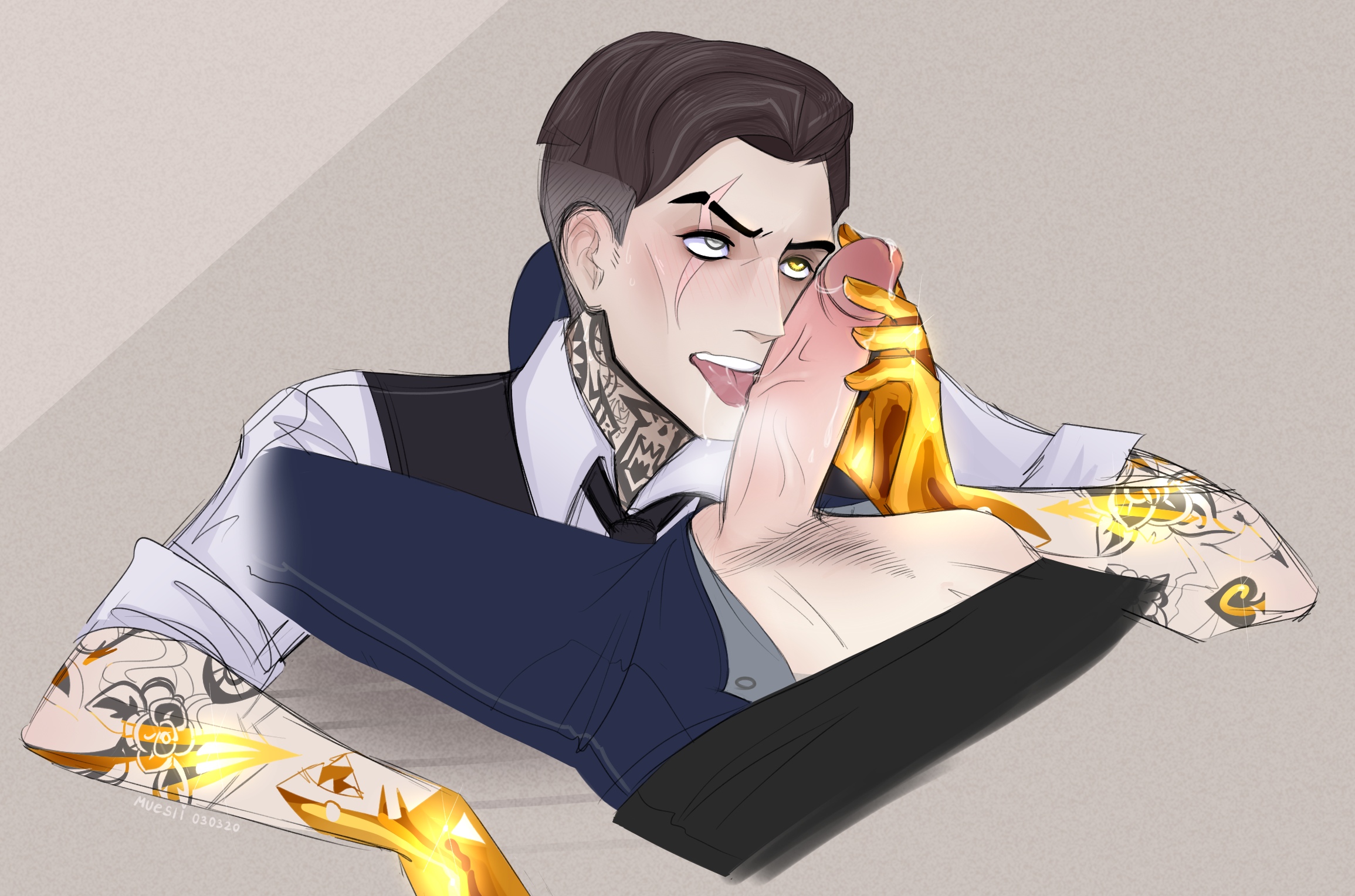 anon, blowjob, eyes, fortnite, handjob, licking, male, male only, midas (fortnite), oc, tagme
