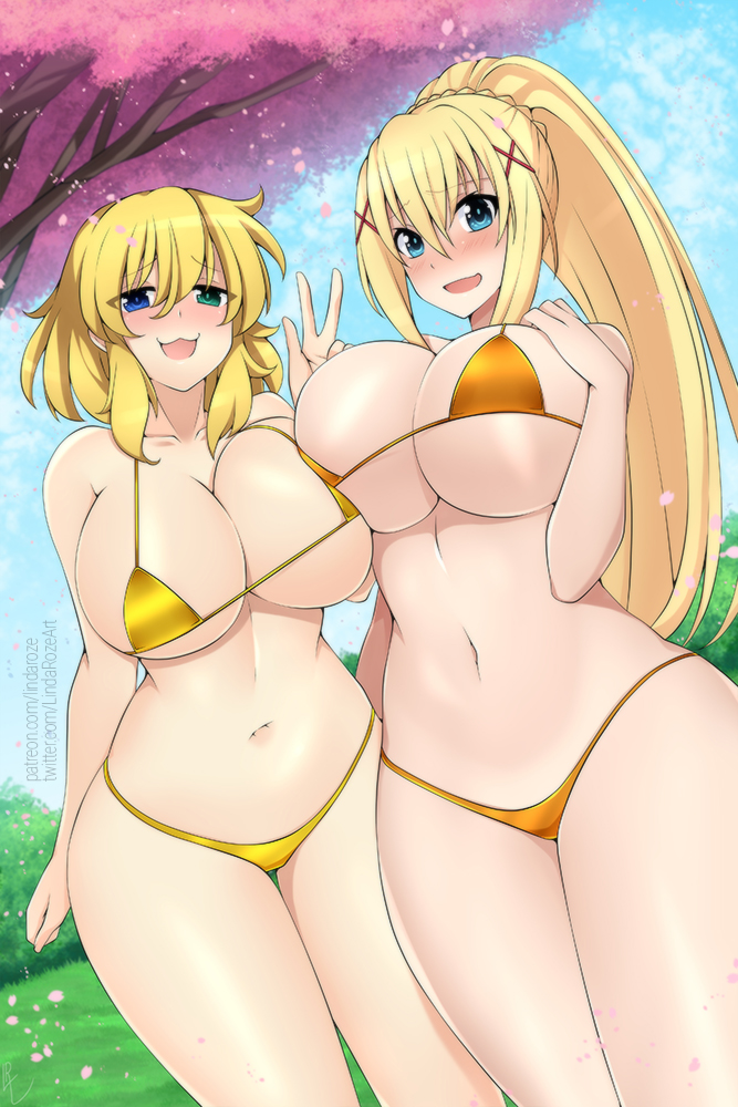 :3, 2020, 2girls, bangs, bare shoulders, big breasts, bikini, blonde hair, blue eyes, blush, breast press, breasts, bush, cleavage, clothing, collarbone, commission, crossover, curvy, darkness (konosuba), duo, embarrassed, eyebrows visible through hair, eyelashes, eyes visible through hair, female, female focus, female only, grass, green eyes, hair between eyes, hair ornament, hand on breast, heterochromia, hips, huge breasts, human, kono subarashii sekai ni shukufuku wo!, large breasts, lindaroze, long hair, looking at viewer, medium hair, micro bikini, naughty face, navel, nervous smile, open mouth, outdoors, outside, patreon, peace sign, ponytail, revealing clothes, ryouna (senran kagura), senran kagura, sideboob, signature, skimpy, smile, swimsuit, thick thighs, thigh gap, thighs, tied hair, trait connection, tree, underboob, url, voluptuous
