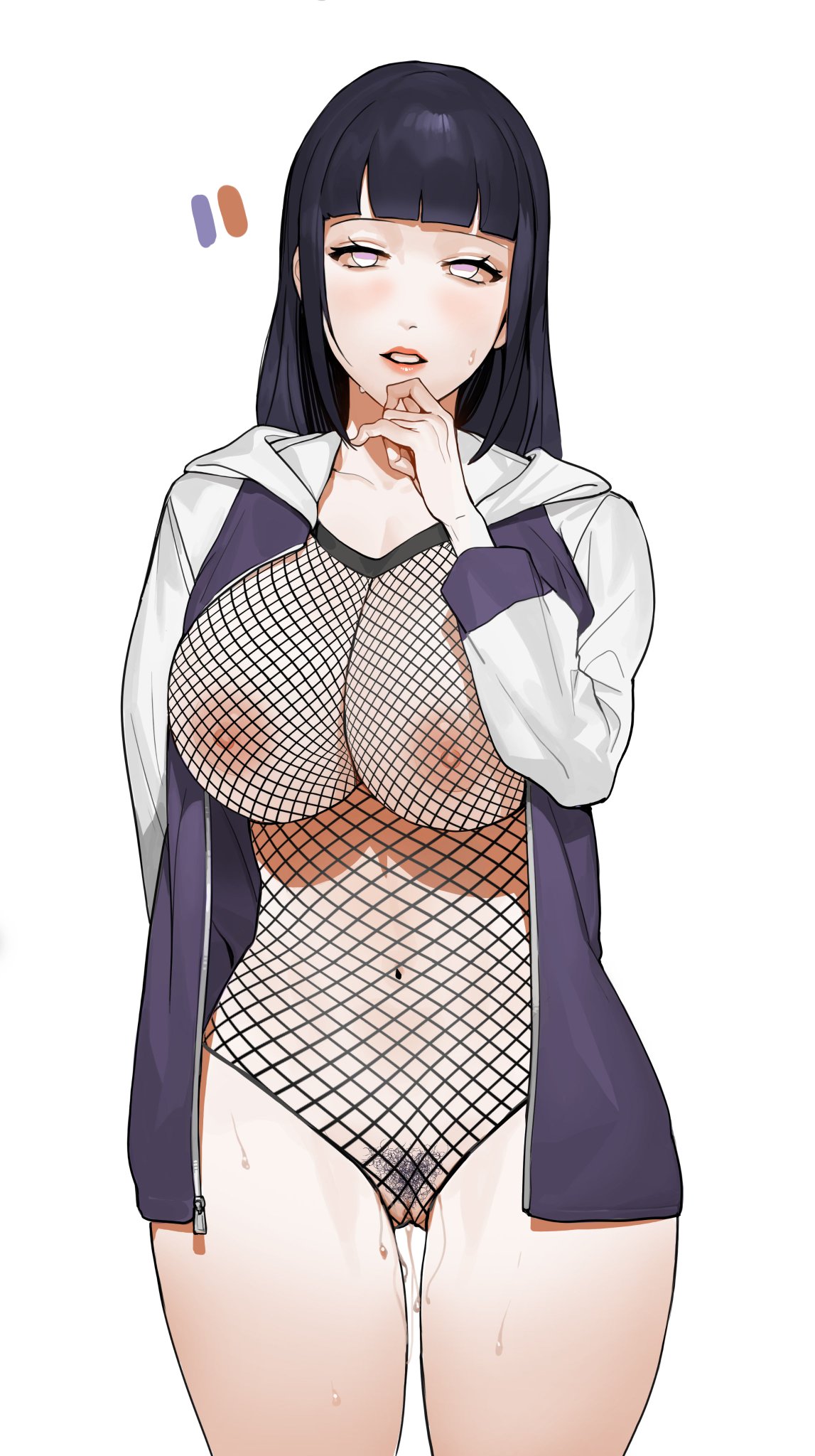 1girls alternate_breast_size areolae big_breasts blue_hair bottomless breasts female female_only fishnet_bodysuit fishnet_clothing fishnets hime_cut hoodie huge_breasts hyuuga_hinata jacket jacket_open large_breasts lips lipstick long_hair looking_at_viewer naruto naruto_shippuden nipples nipples_visible_through_clothing pale_skin partially_clothed pubic_hair purple_eyes pussy pussy_juice pussy_juice_drip simple_background sohn_woohyoung solo standing sweat tabbto thick_thighs topless uncensored unusual_pupils white_background