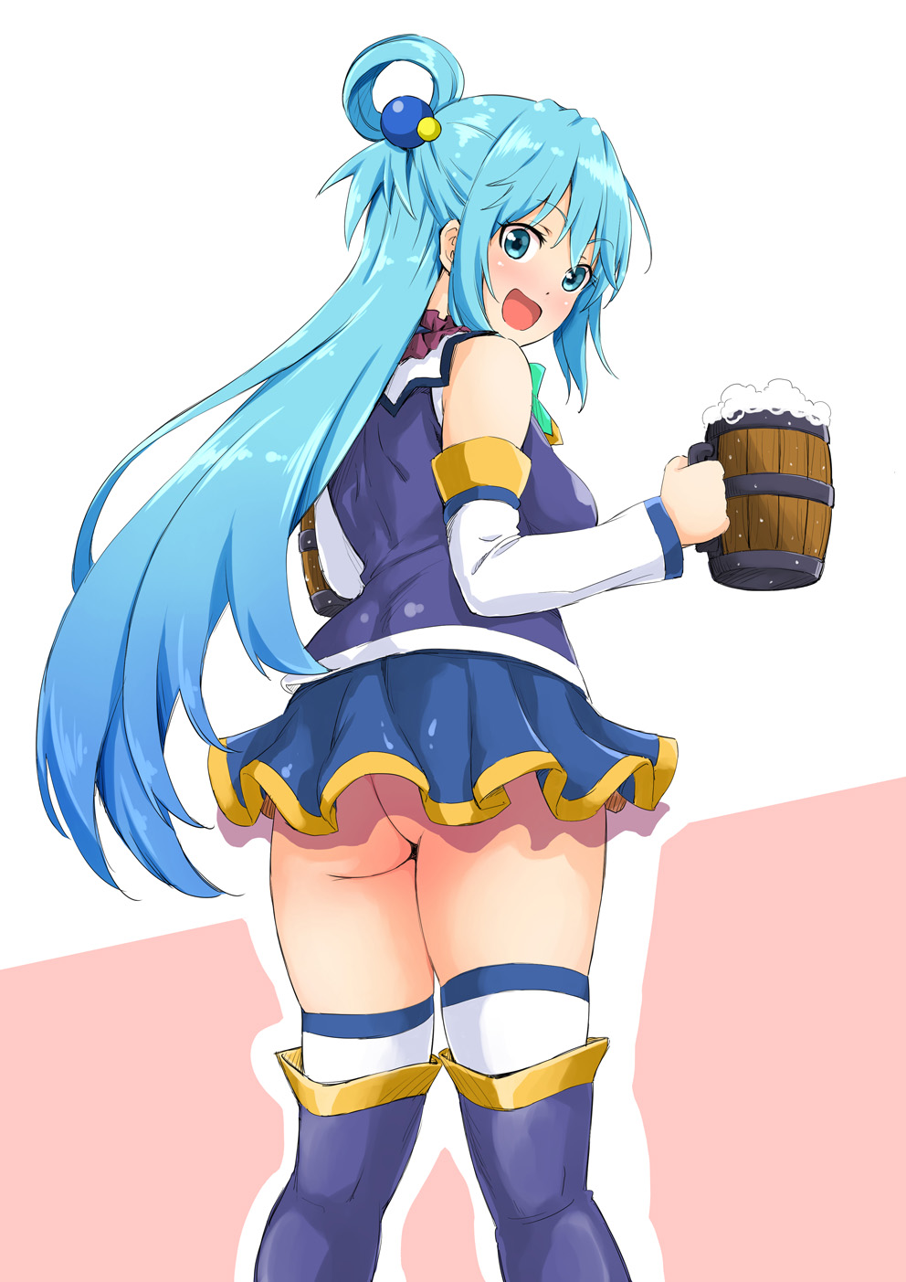 1girls, aqua (konosuba), aqua hair, ass, beer, blue eyes, boots, bottomless, dress, female, female only, from behind, goddess, hair ornament, jar, kono subarashii sekai ni shukufuku wo!, long hair, looking back, open mouth, revealing clothes, skirt, smile, solo