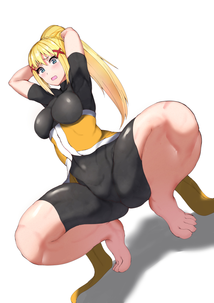 big breasts, blonde hair, breasts, clothed female, darkness (konosuba), female, hourglass figure, kono subarashii sekai ni shukufuku wo!, long hair, looking at viewer, nipples, nipples visible through clothing, ponytail, skj 77o, solo, solo female, solo focus, squatting, thick thighs